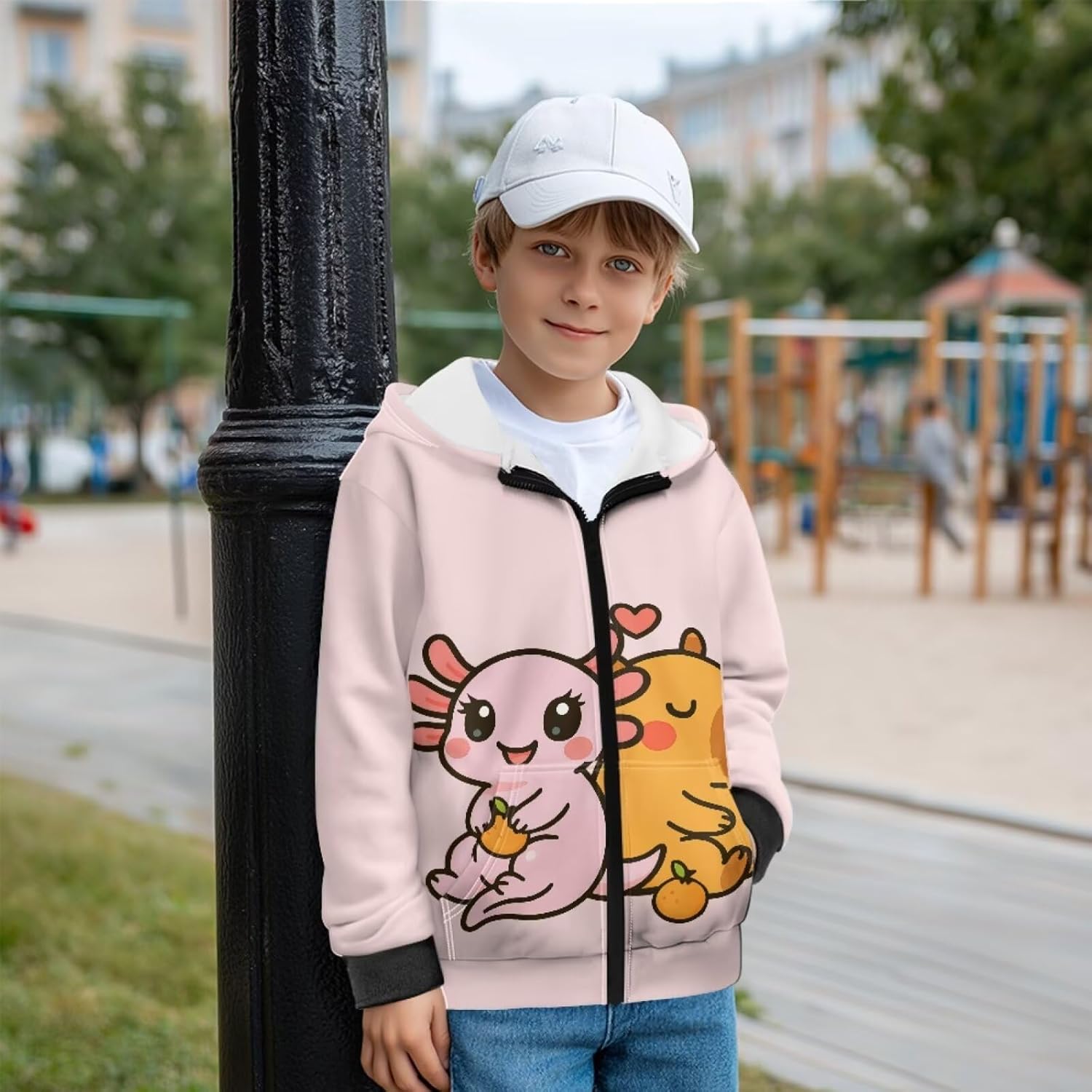 Cartoon Axolotl Girls Hooded Sweatshirt Casual Full Zip Hoodies Soft Plush Athletic Jacket Sportswear
