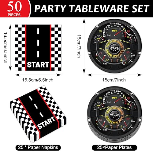 Vista 2 de 50 piezas de platos y servilletas de fiesta de coche de carreras, decoración de cumpleaños de coche de carreras con temática de carreras, platos