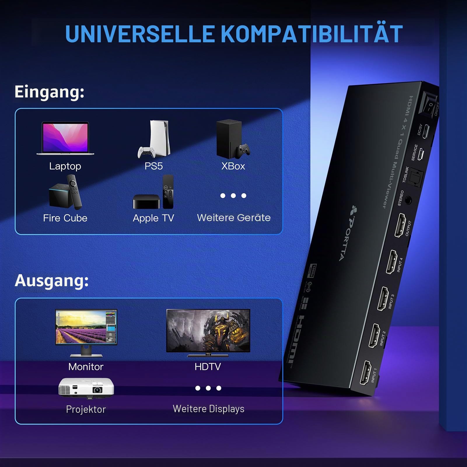 HDMI Multiviewer Switch 4x1 mit Pip, PORTTA Quad Multi Viewer Seamless Switcher 4 in 1 Out mit Toslink, 3,5 mm Audioausgang unterstützt 1080p 60 Hz, 6 Anzeigemodi, Downscaler, kompatibel mit PS4 Xbox