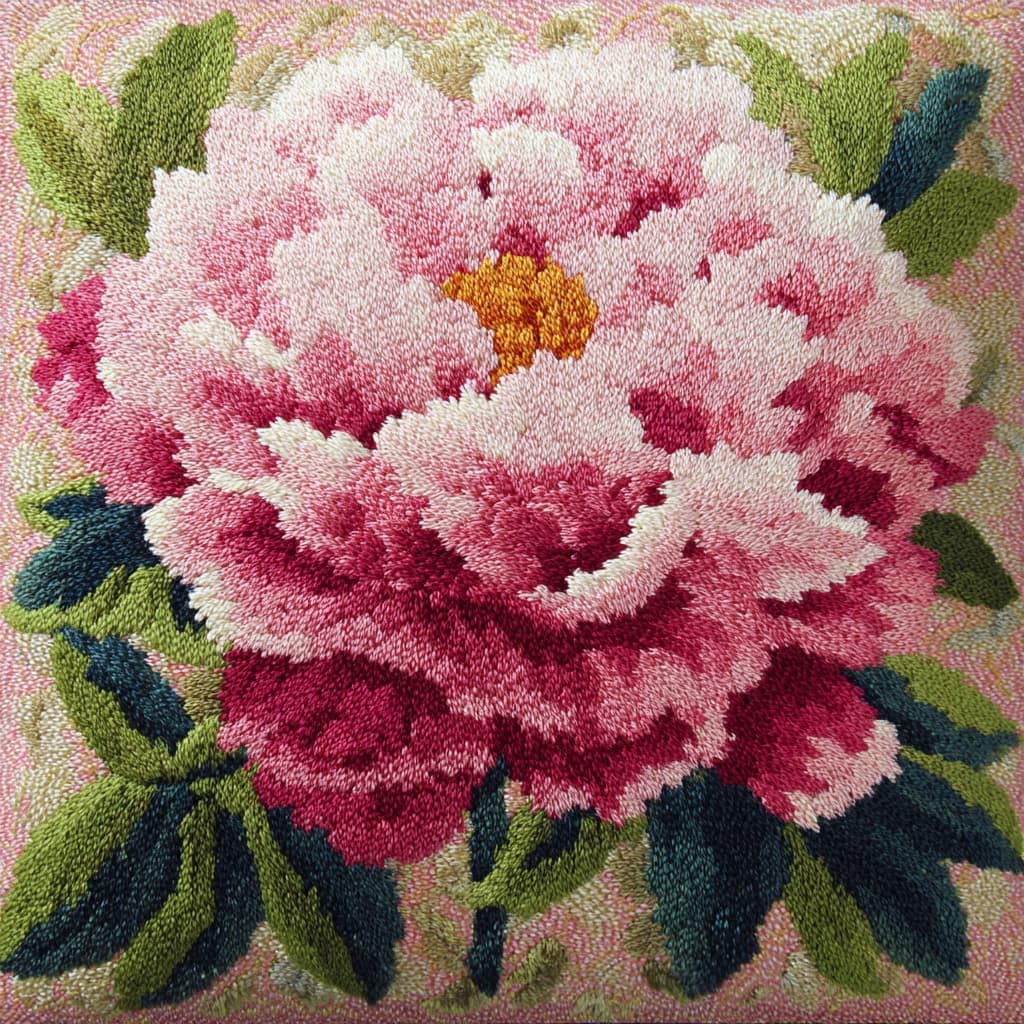 Taxpy DIY Latch Hook Cushion Kits, Peony Flowers DIY Latch Hook Embroidery Set Crochet Needlework Crafts Pillow with Printed Canvas 43x43cm