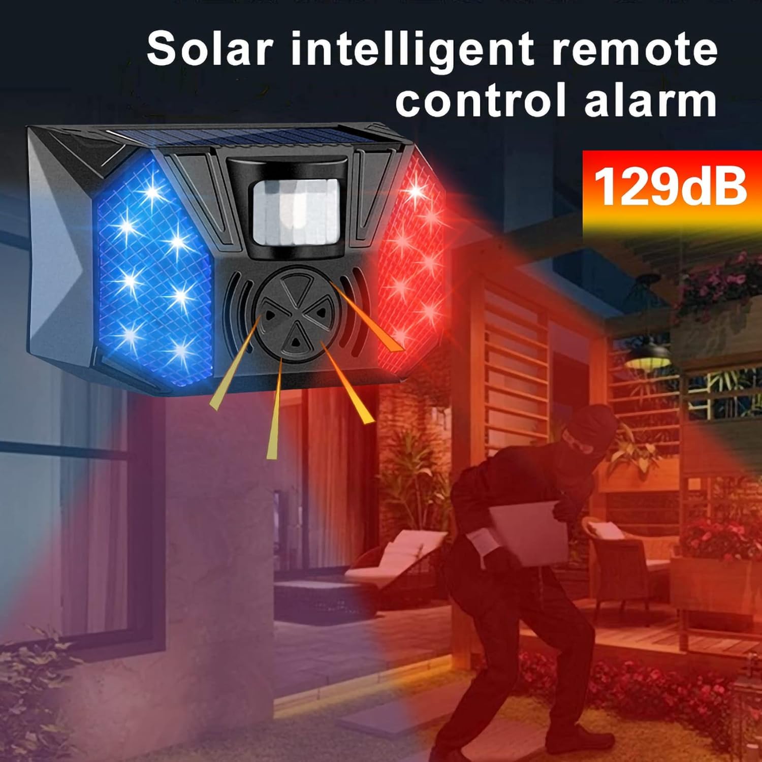 AMZSTAR Solar Strobe Alarm Light,129db Outdoor Alarm Waterproof 4 Modes Solar Motion Detection Strobe Light Safety Siren with Remote Control for Farms, Yards, Orchards, Villas (1Pack)