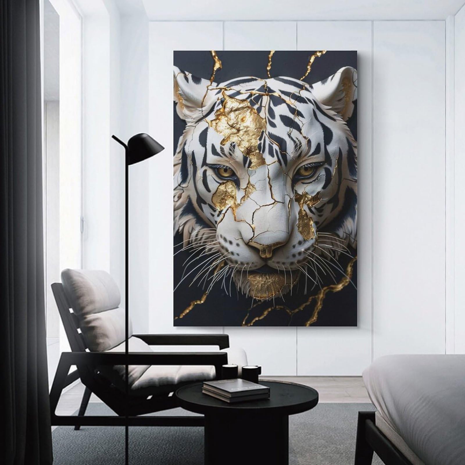 Junmoney Cracked Tiger with Gold Inlay Decorative Wall Artwork 24x36inch(60x90cm), for Living Room, Lounge Or Sitting Room, A Home Accent with Warm Character