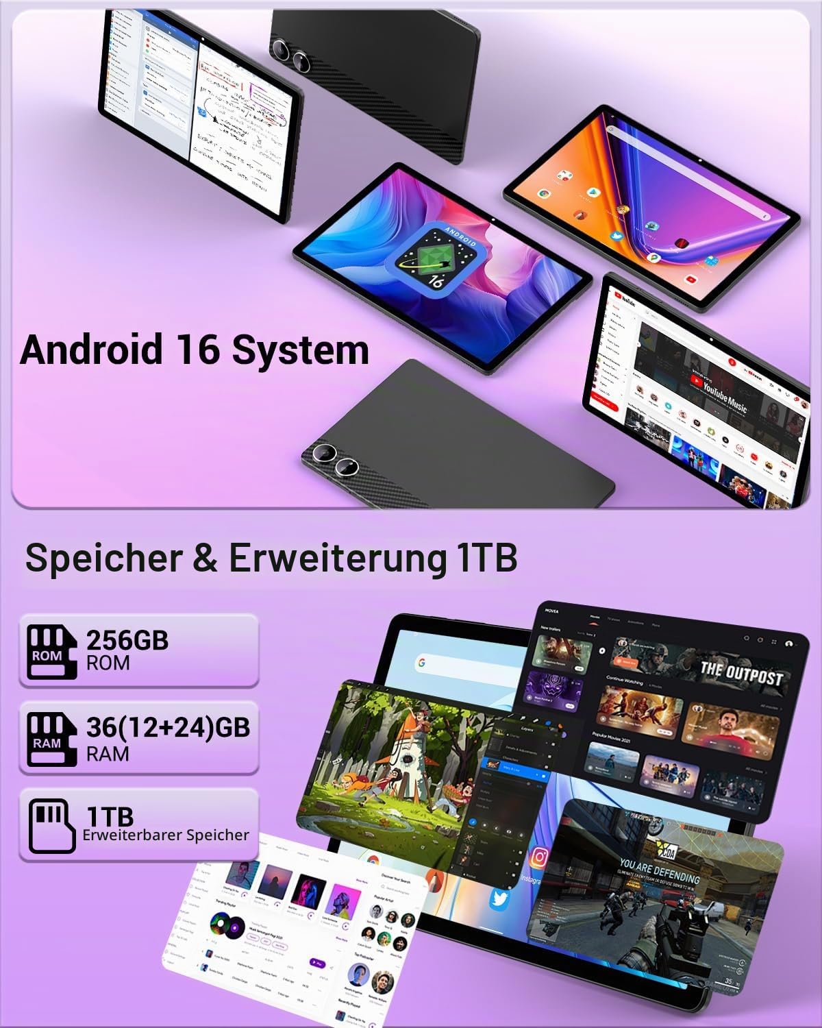 Android 16 Tablet 11 Zoll, 36GB RAM 512GB ROM/1TB TF, Dual SIM 4G LTE Tablet mit Tastatur, 90Hz HD IPS Display, Octa Core, Widevine L1,WLAN, GPS, Tablets mit Hülle/Kopfhörer/Touch-Stift/Maus