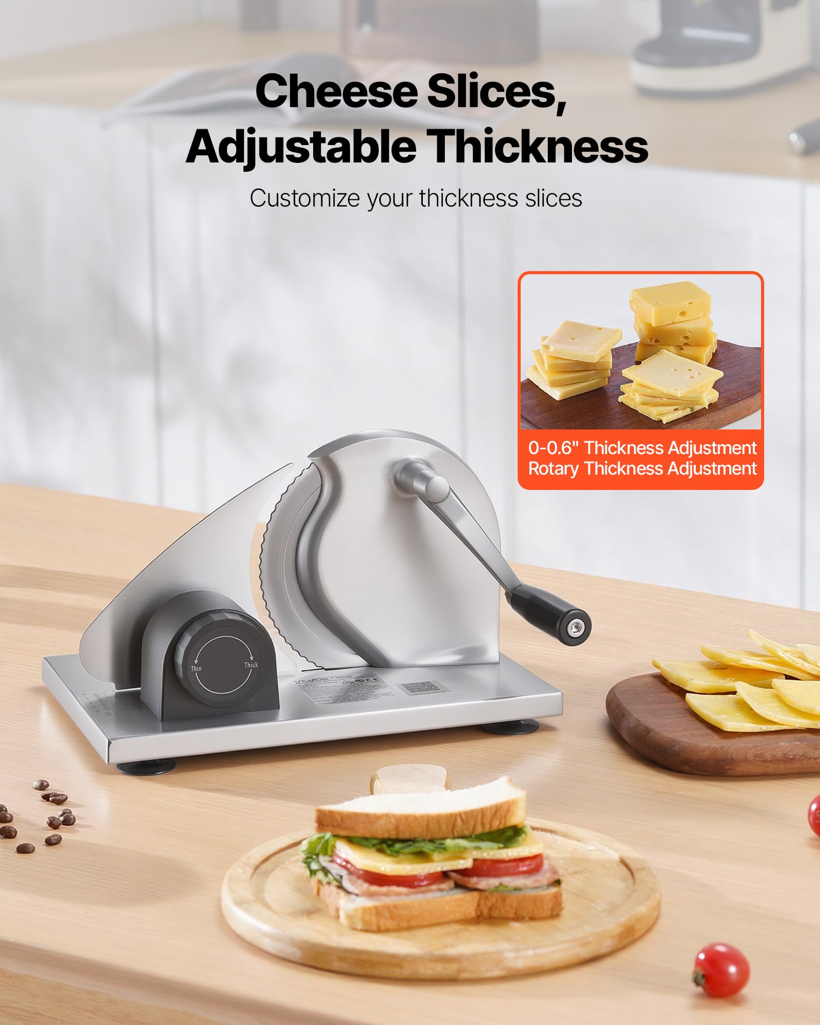 VEVOR Máquina de Cortar Pan Manual Grosor Ajustable de 0 a 15 mm, Rebanadora de Pan con Manivela, Cuchilla de Acero Inoxidable Microdentada, para Cocina, Panadería, Fiestas, 310 x 255 x 190 mm