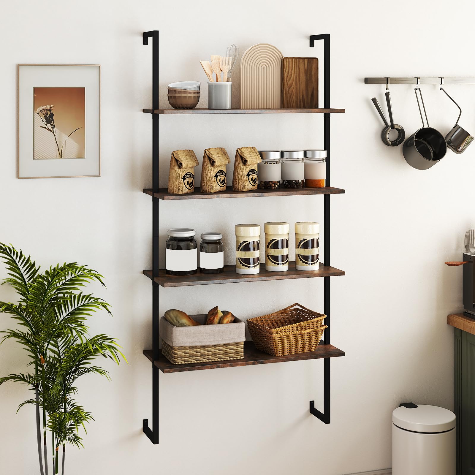 GIANTEX Mensola da Parete a 4 Ripiani, Scaffalatura Aperta con Telaio Metallico, Stile Industriale Sospeso, Salvaspazio 76 x 30 x 163 cm, per Cucina, Soggiorno, Camera e Ufficio