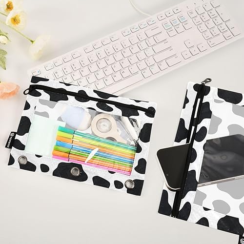 Miniatura 4 de Estuche para lápices de 3 anillos con cremallera transparente para ventana, estuche para lápices de color blanco y negro, bolsas para suministros de