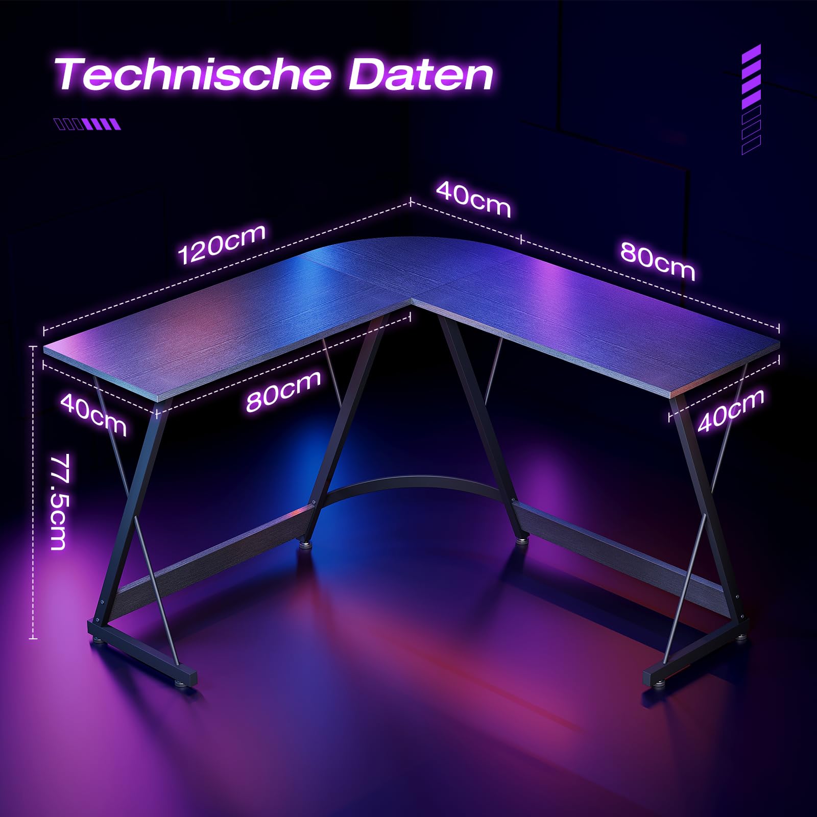ODK Gaming Schreibtisch in L-Form, 120×120 cm, Schwarz | Gaming Tisch, Stabiler Eckschreibtisch, einfache Montage, für Wohnzimmer & Arbeitszimmer