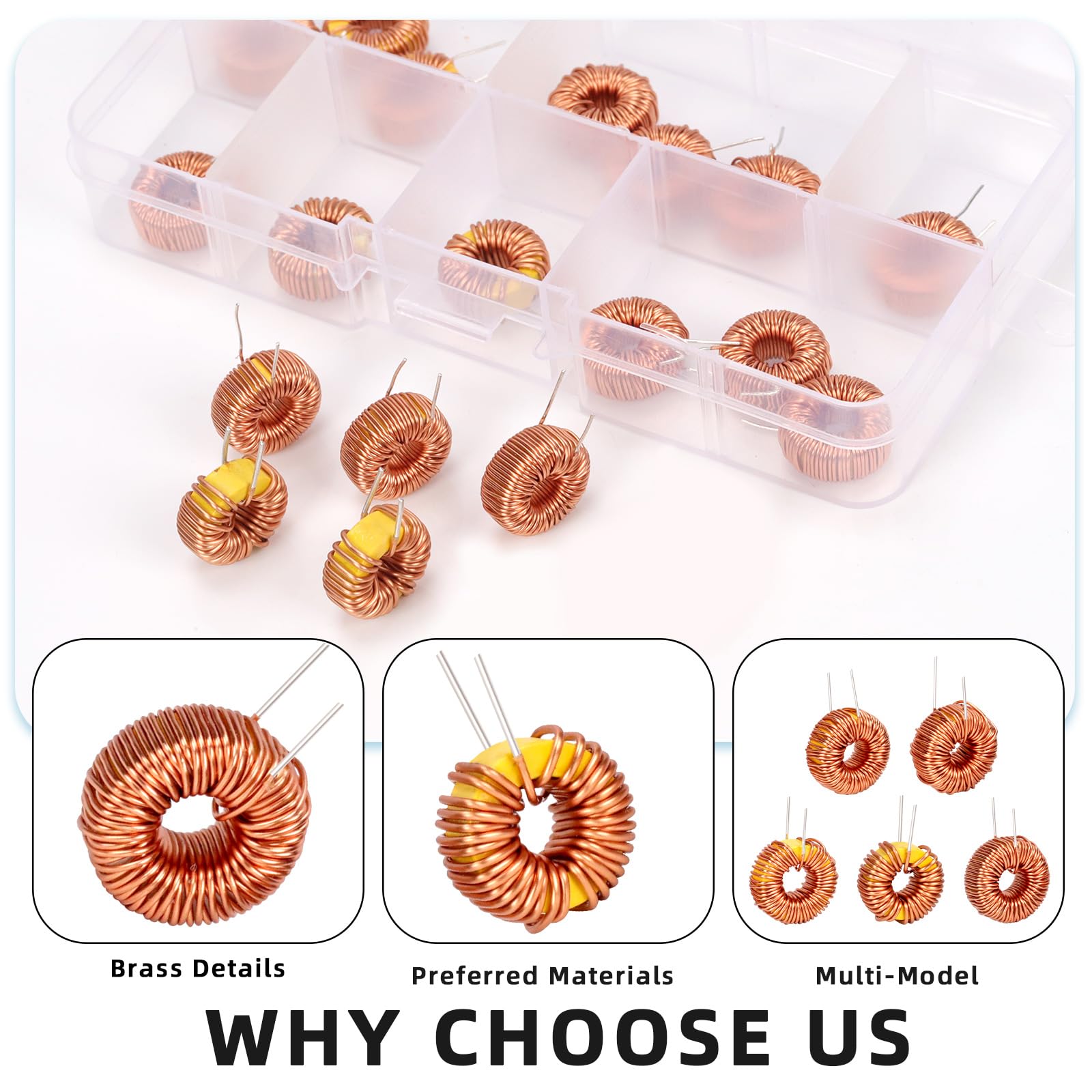 Glarks Lot de 20 inducteurs toroïdes de 5 tailles, 22UH-10A 50UH-5A 100UH-6A 220UH-5A 330UH-3A Bobine de cuivre d'inductance toroïdale, inducteur magnétique toroïde pour transformateurs DIY Circuit