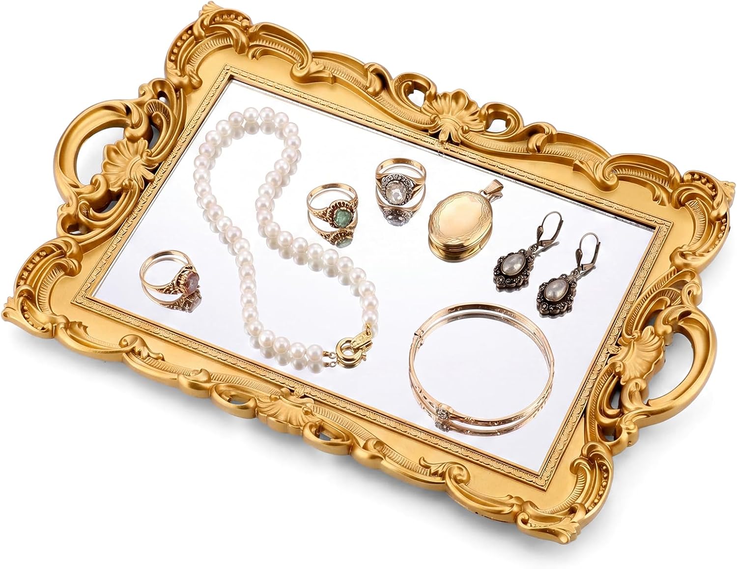 Mifoci Vintage Gold Mirror Tray, Vintage Antique Perfume Vanity Tray Decor