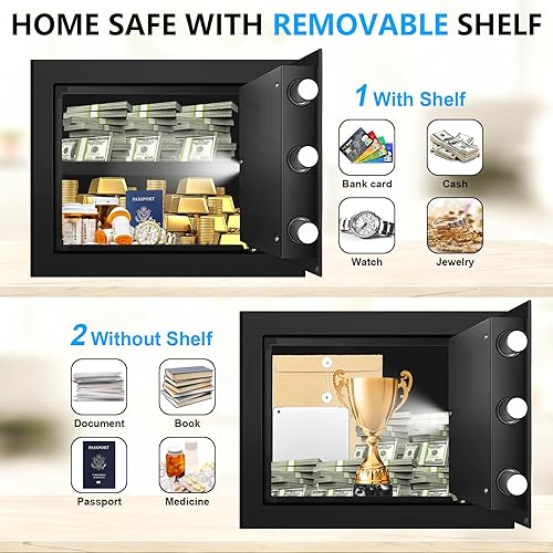 Miniatura 5 de Caja fuerte pequeña de 1.2 Cub para uso doméstico, caja de seguridad de acero con teclado programable, llaves de repuesto y estante extraíble, caja