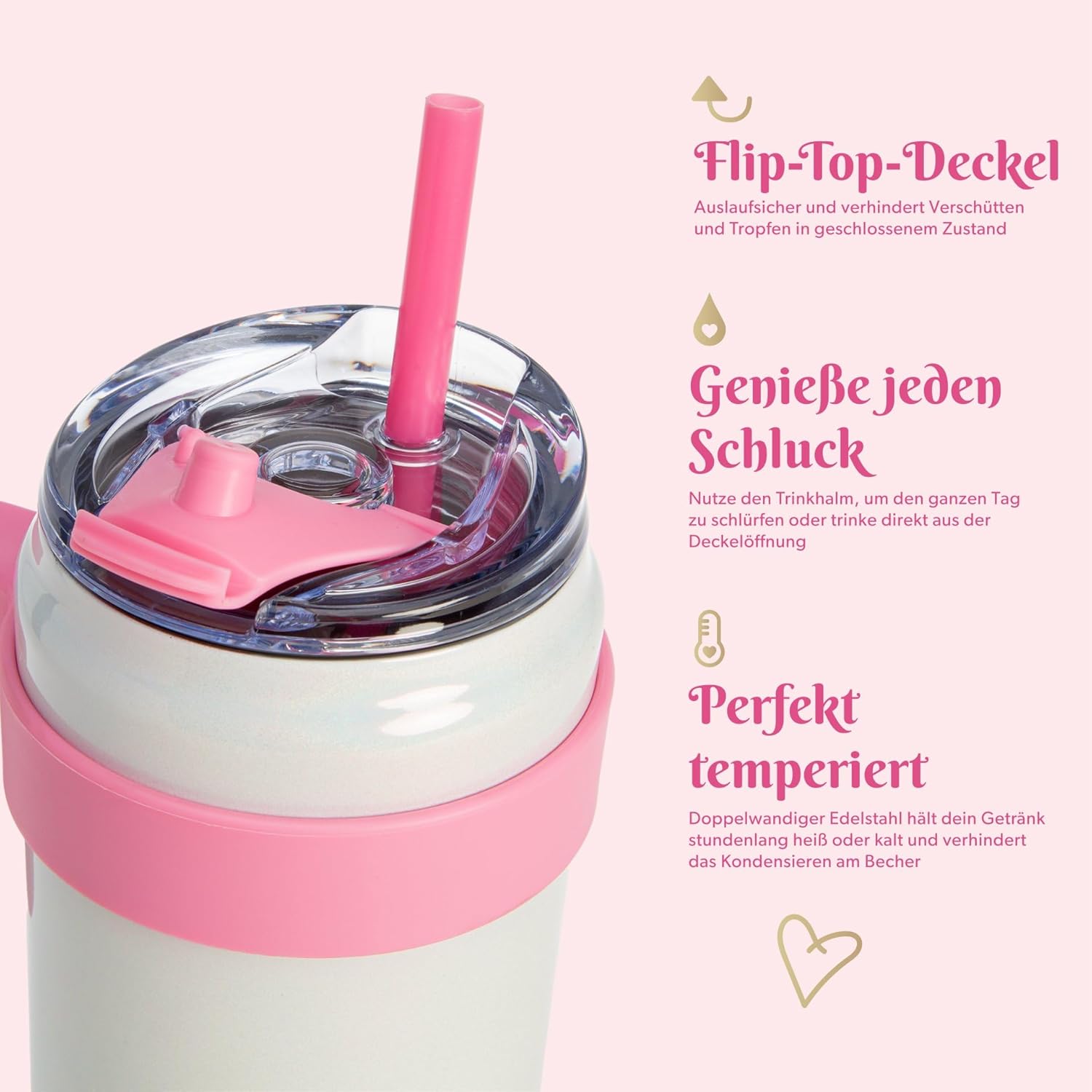 Paris Hilton White Stainless Steel Water Bottle, with Plastic Handle and Straw, 1.1 L, Double Wall Insulated, Sports Bottle, Removable Handle