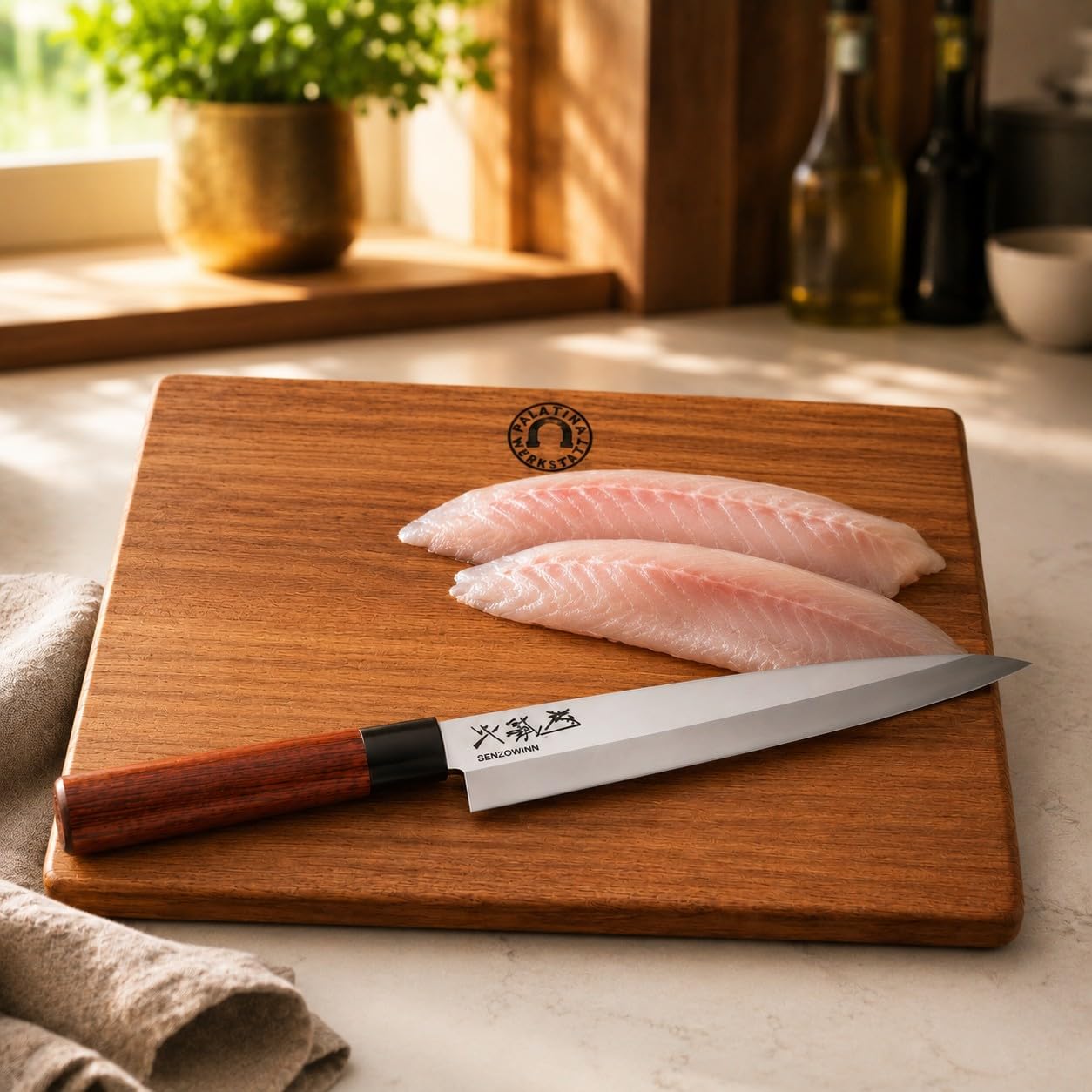 KAI Seki Magoroku Redwood Yanagiba - Coltello per sushi, 21 cm, esclusivo coltello professionale giapponese con lama in acciaio inox, con tagliere in legno di quercia massiccio, 30 x 20 cm, set