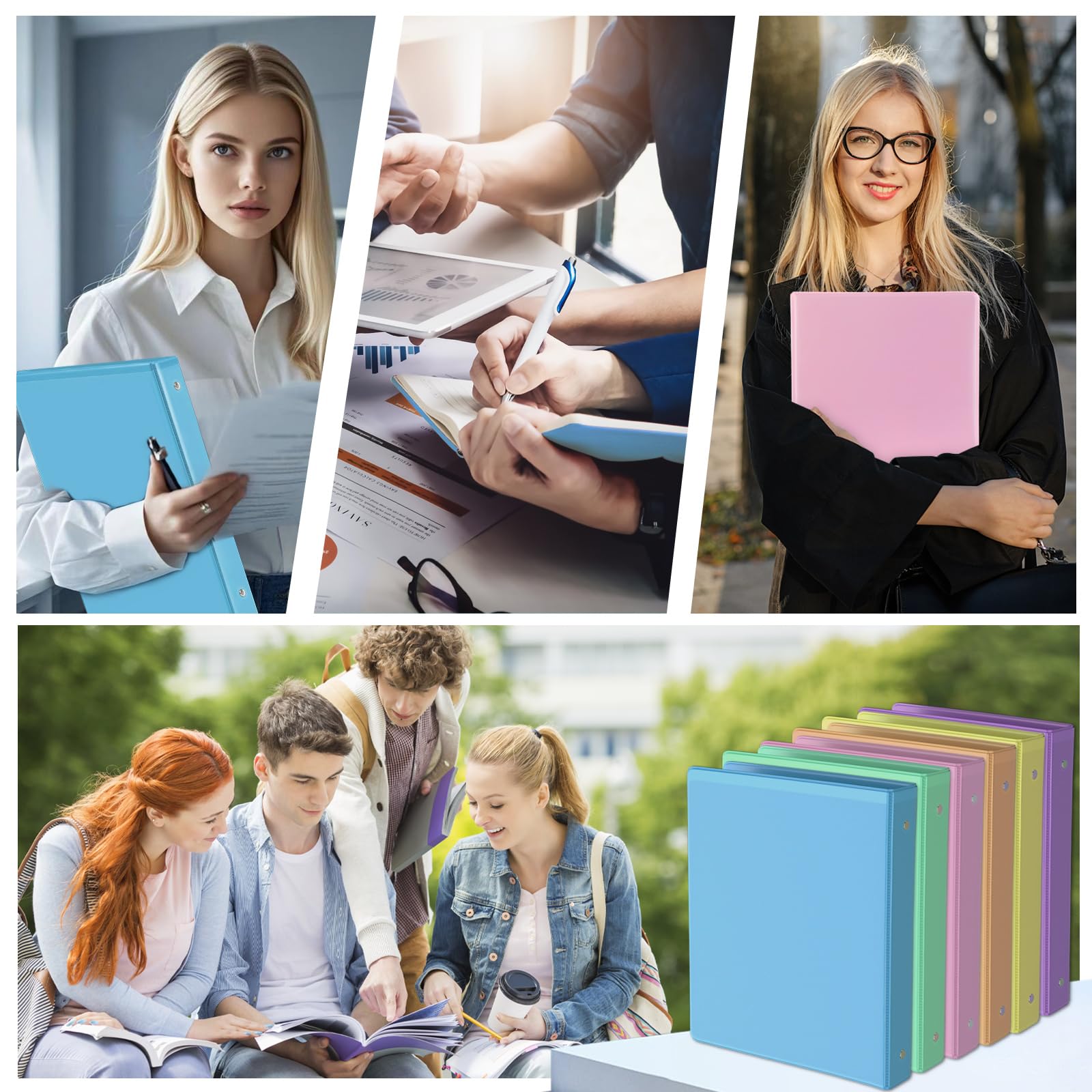 Lot de 6 classeurs à 3 anneaux ronds de 2,5 cm, avec 2 poches intérieures, peut contenir 200 feuilles de papier format lettre, durable, sans PVC, couleurs assorties