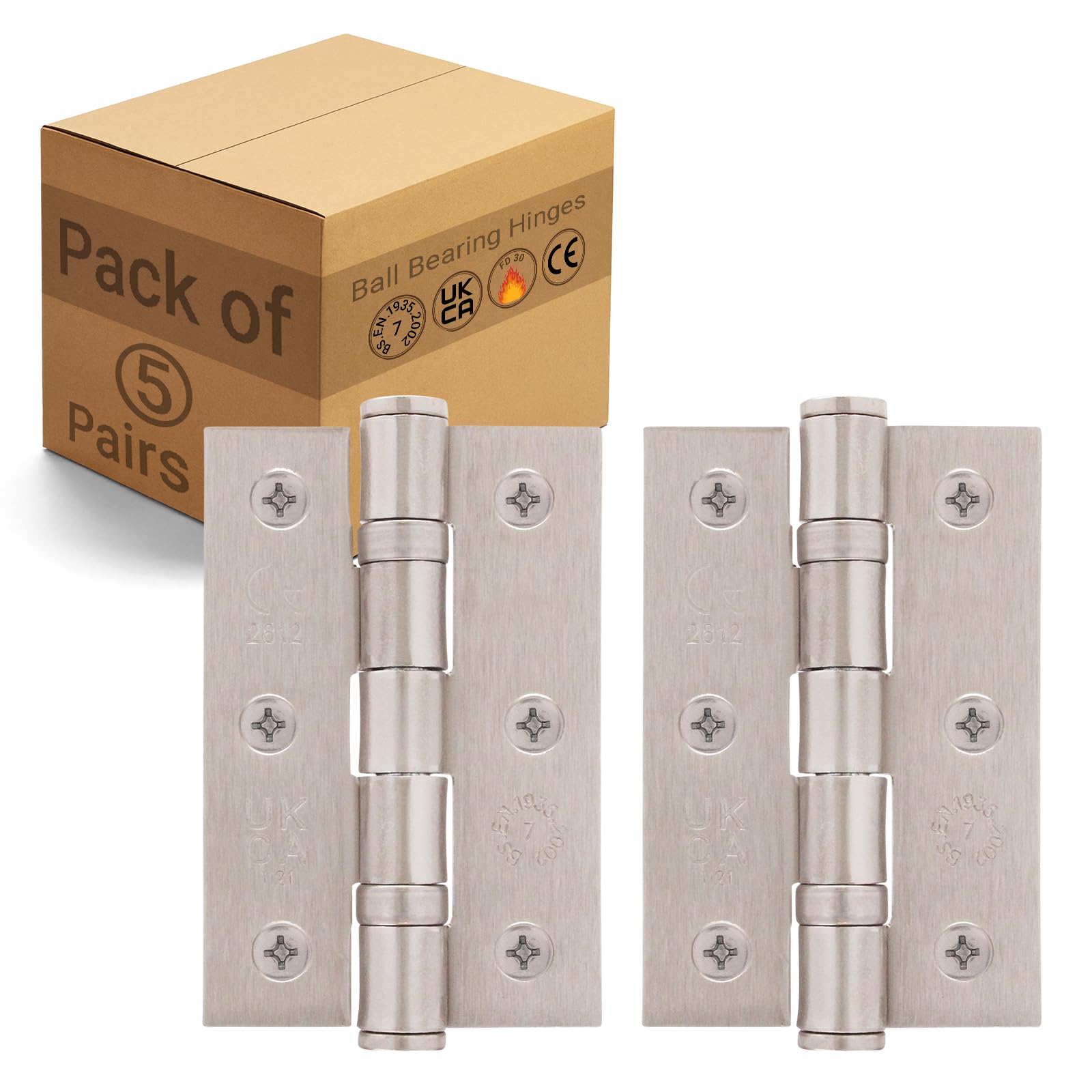 EAI Satin Door Hinges | 3 Inch / 76mm Satin Nickel Internal Fire Door Hinges | 5 Pairs