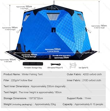 Portable 420D Insulated Hexagon Tent, Insulated Ice Fishing Tent, Winter Portable Pop-Up Shelter, for Winter Fishing, Thermal Insulated Design