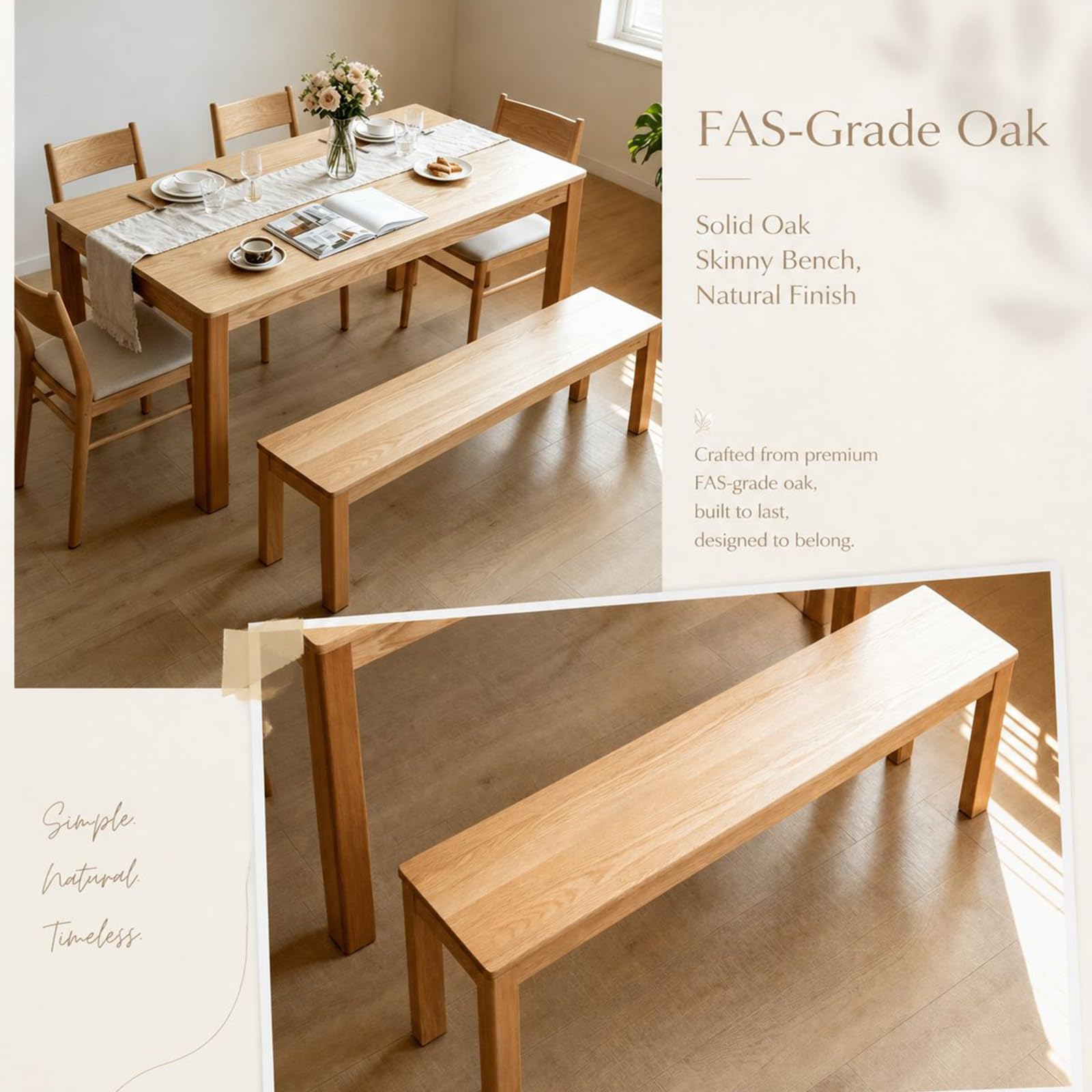 47" Solid Oak Narrow Dining Bench - Natural Finish, for Kitchen & Dining Room, Space-Saving Wooden Seat for Entryway, Bedroom, and Hallway