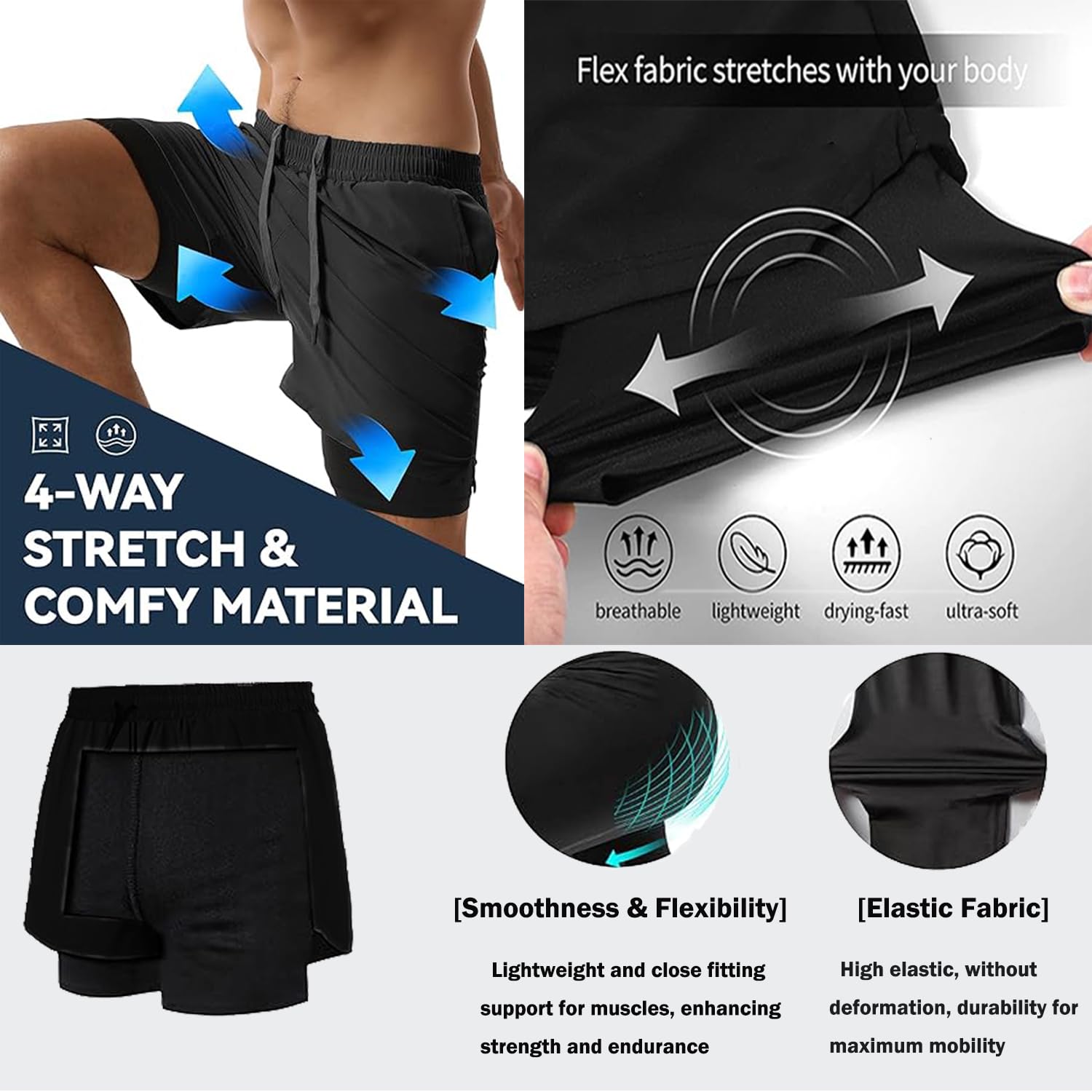 Spodenki do biegania męskie 2 w 1, spodenki sportowe do treningu letniego biegania kompresji fitness domowe spodenki do biegania, oddychające, szybkoschnące z kieszenią na zamek błyskawiczny