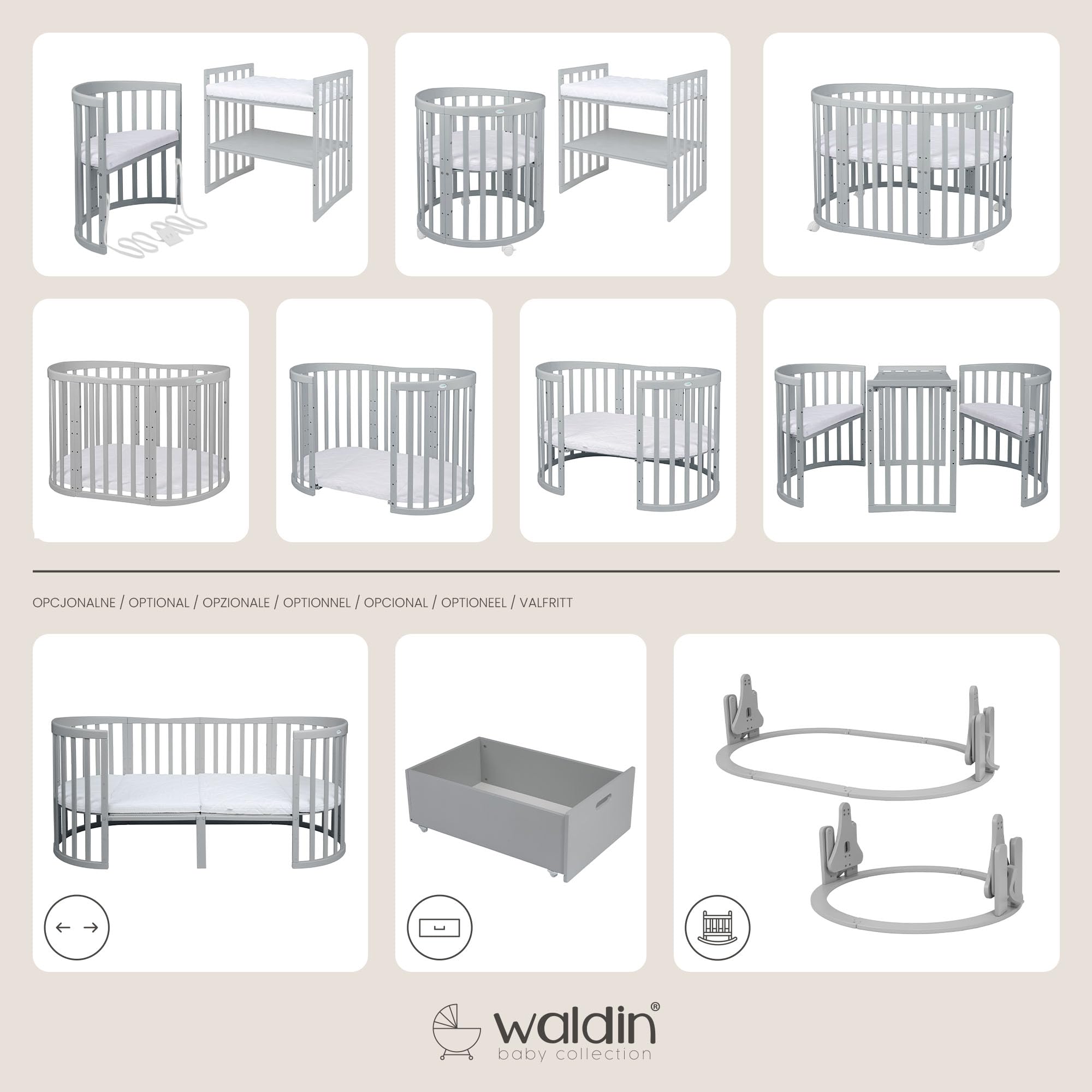 waldin Babybett Oval 7in1, Matratze, Rollen, Regal, Grau | Ohne Stoffset, Mitwachsend, Beistellbett aus Holz, Wiege optional