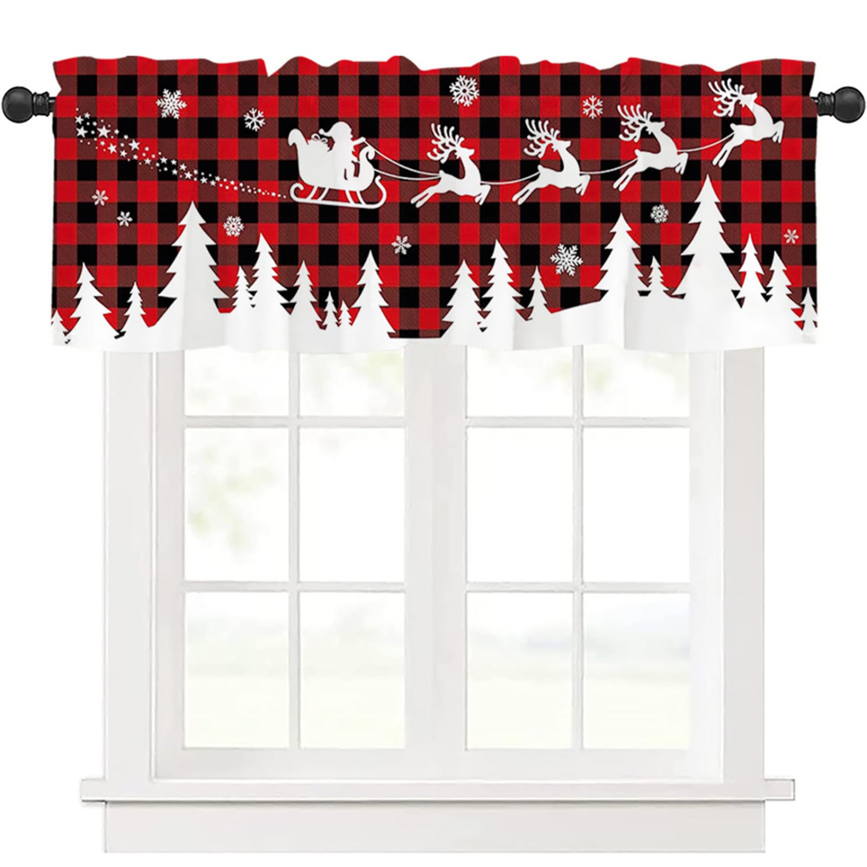 CAKEEYUM Christmas Curtains 54x18in Buffalo Plaid Santa with Sled Window Valance Clear Pattern Festive Christmas Decorations Indoor Kitchen Curtains, Kitchen Valance, for Livin
