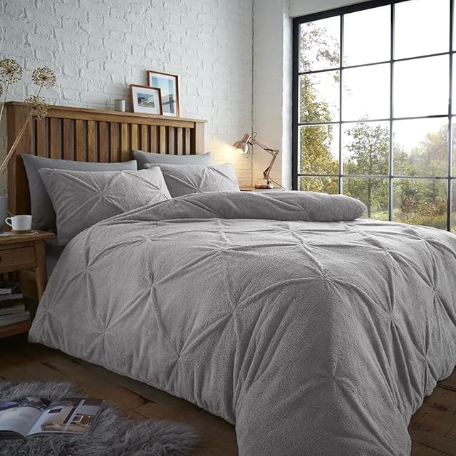 GC GAVENO CAVAILIA Teddy Fleece Pintuck Duvet Cover Sets, King Size Duvet Covers, Fluffy Kingsize Bedding Sets with Pillow Cases, Grey