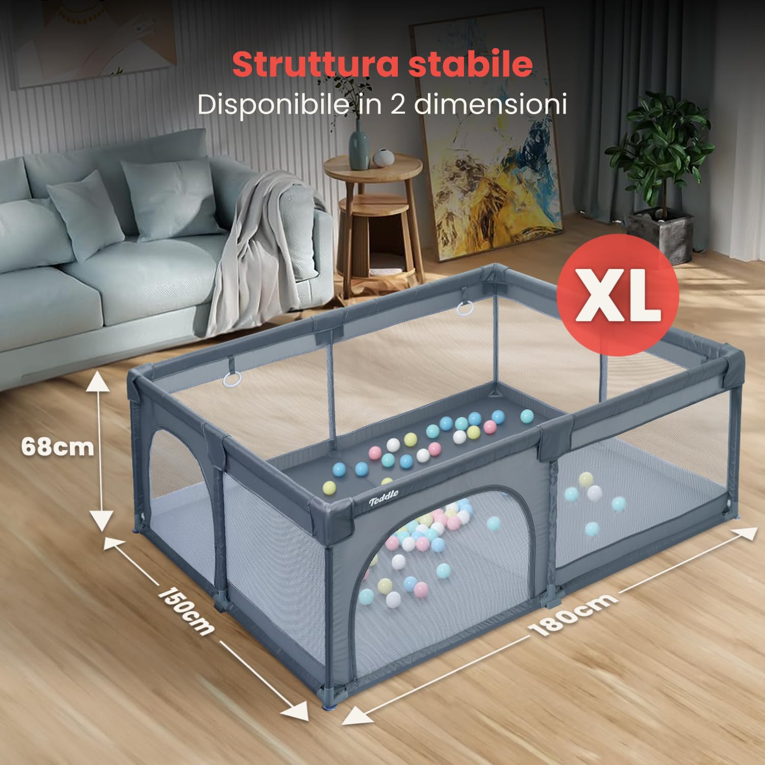 Box Bambini – Incluso Tappeto da Gioco Double-Face - Recinto per Bambini con 50 Palline – 180 x 150 cm – Box Neonato Per Uso Interno ed Esterno – Box per Bambini (Grigio, 180x150cm)