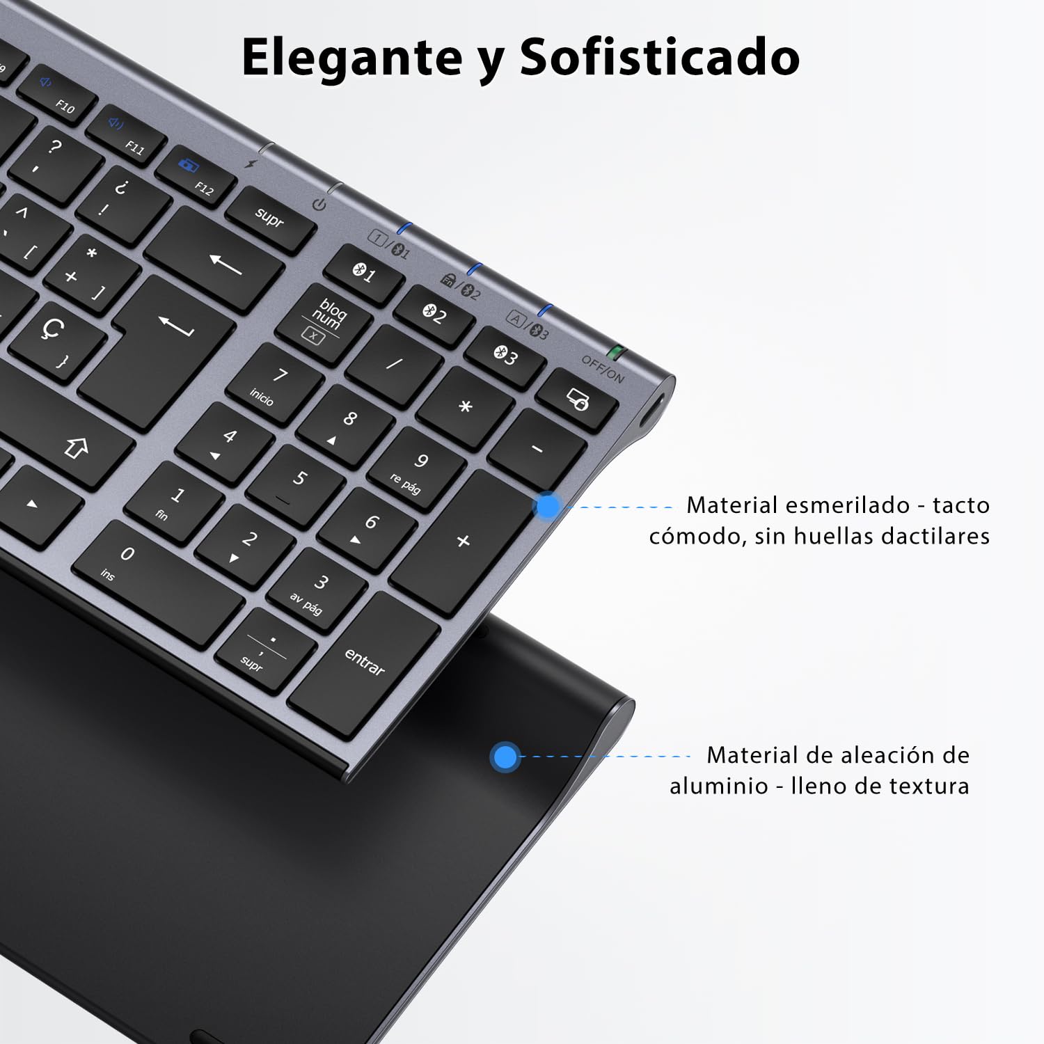iClever Teclado Bluetooth BK10, Inalámbrico QWERTY Español Teclado Multi Dispositivo Recargable Diseño Ergonómico Tamaño Completo Conexión Estable Teclado para Mac/iPad/Windows Negro Grisáceo