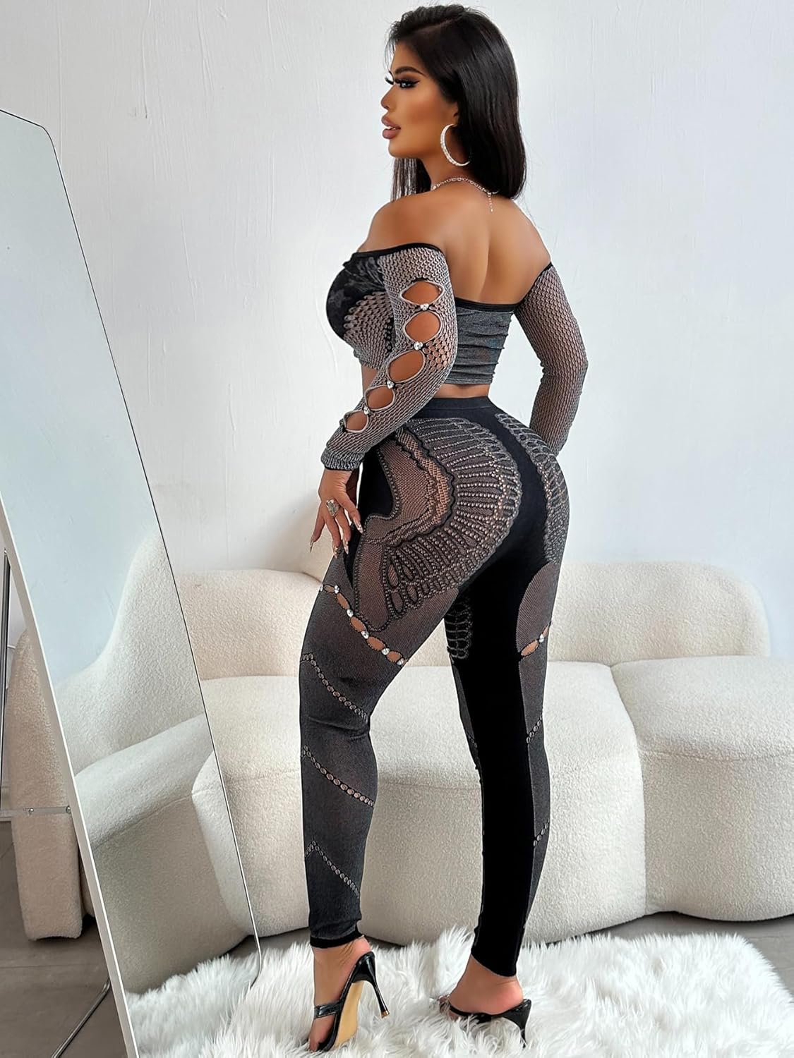 Sexy Solid Color Strapless Long Sleeved Pants, Hollowed Out Slim Fit Two-Piece Knitted Jumpsuits
