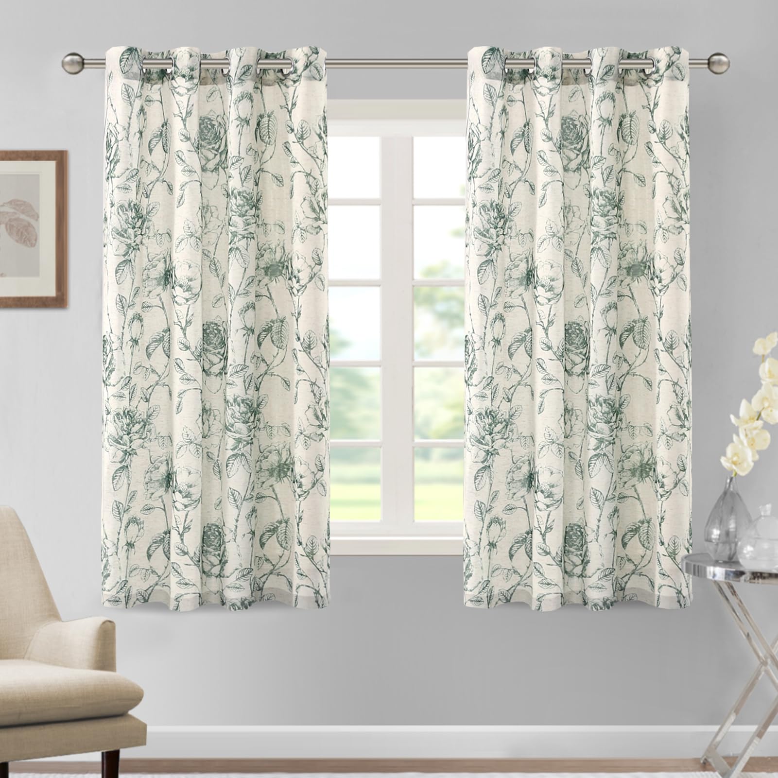 DEZYPZAM Floral Linen Semi Sheer Curtains, Light Filtering Privacy Window Curtains, Semi Sheer Window Curtain Drapes for Living Room/Bedroom (Dark Green,52 x 63 inch)