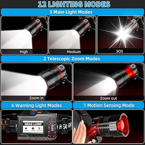 Miniatura 3 de Faros delanteros LED recargables, 90000 lúmenes altos con sensor de movimiento y zoomable, 12 modos, faro impermeable IPX7 para frente, ajustable en