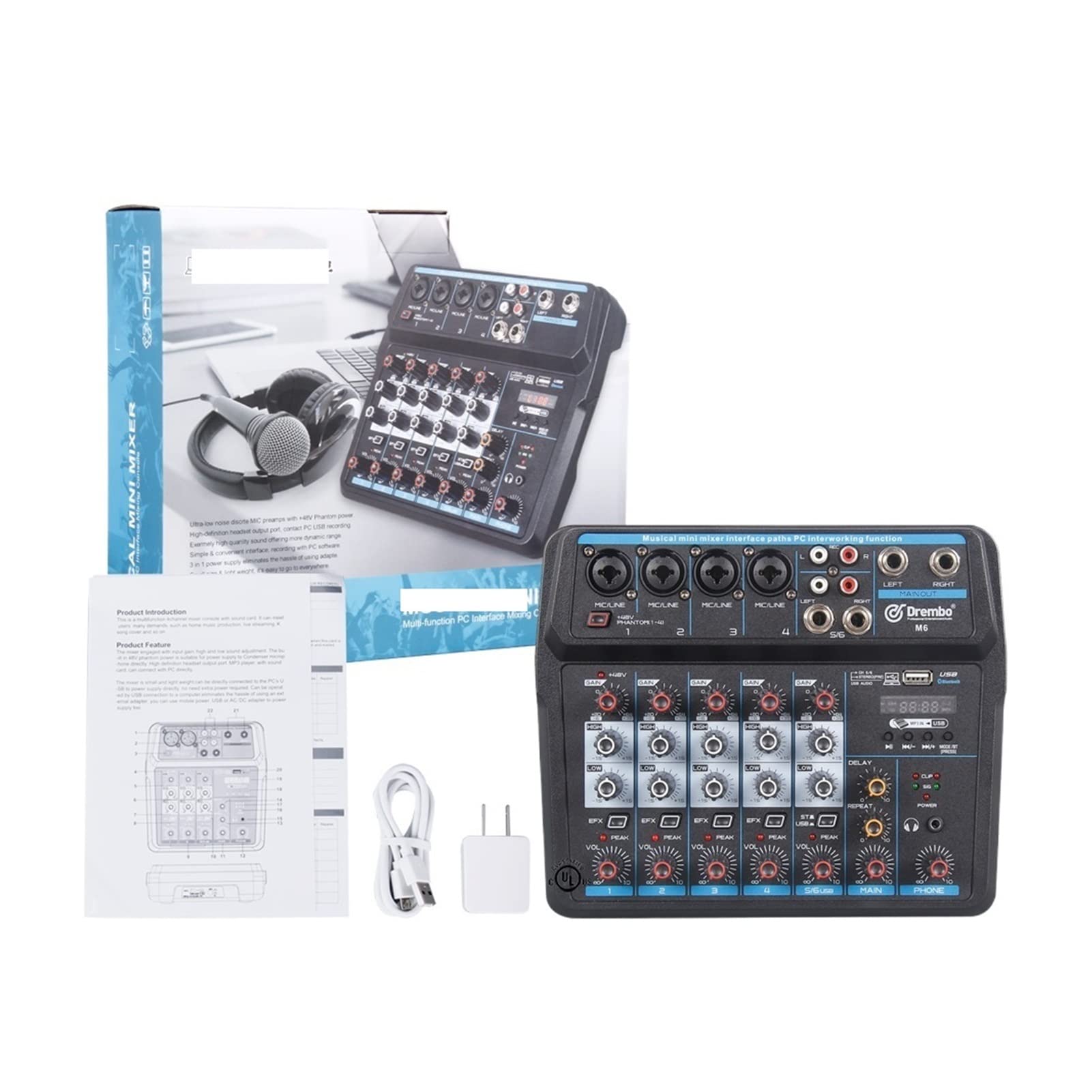 Audiomixer, M-4/6 Proteable Mini Mixer Audio DJ Konsole mit Soundkarte, USB, 48 V Phantomkraft for PC Aufnahme der Gesangs -Webcast -Party(M6)