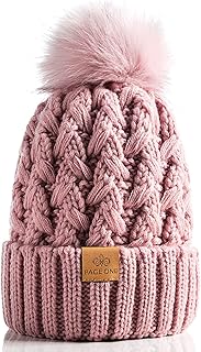 PAGE ONE Womens Winter Ribbed Beanie Crossed Cap Chunky Cable Knit Pompom Soft Warm