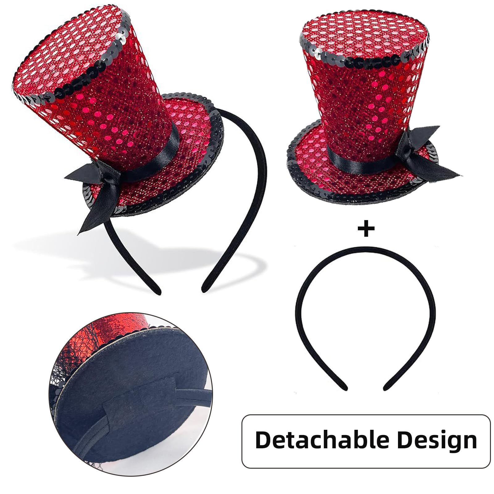 Myqiqi Mini Top Hat Headband, Sequins Tea Party Headpiece Fascinator for Women Lady Gril 1920s Gatsby Party Costume Accessory (Red) - Image 2
