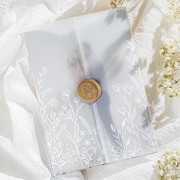 50 Pack Pre-Folded Vellum Jackets for 5x7 Invitations,AZAZA Elegant Translucent Invitation Sleeves,115GSM Vellum Jackets 5x7, Wedding Invitation Accessories,for Weddings Birthdays,White Wildflower