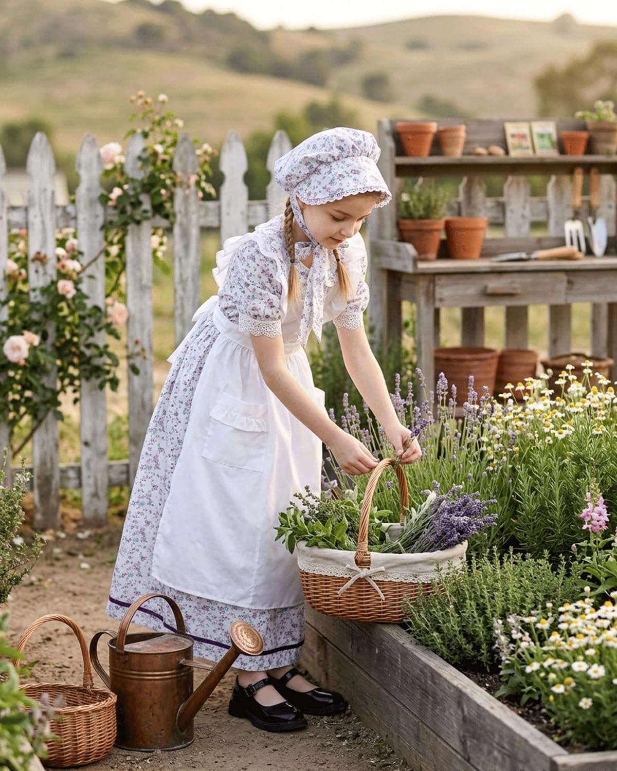 FCCAM Pioneer Dresses for Girls Floral Ruffle Prairie Colonial Costume with High Waist Apron