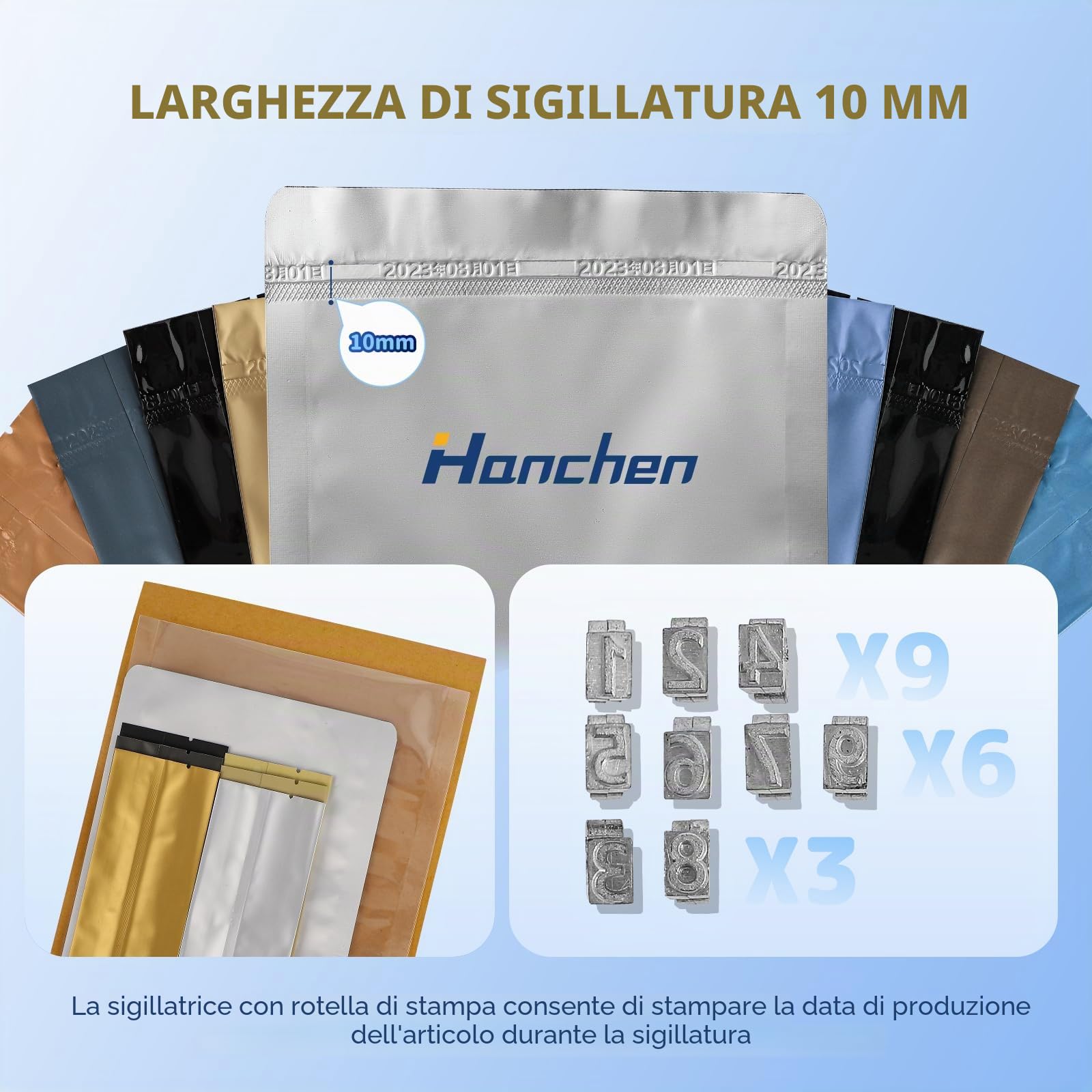 Hanchen Sigillatrice a caldo a rullo 3000 W, sigillamento continuo 6m/min, temperatura e velocità regolabile