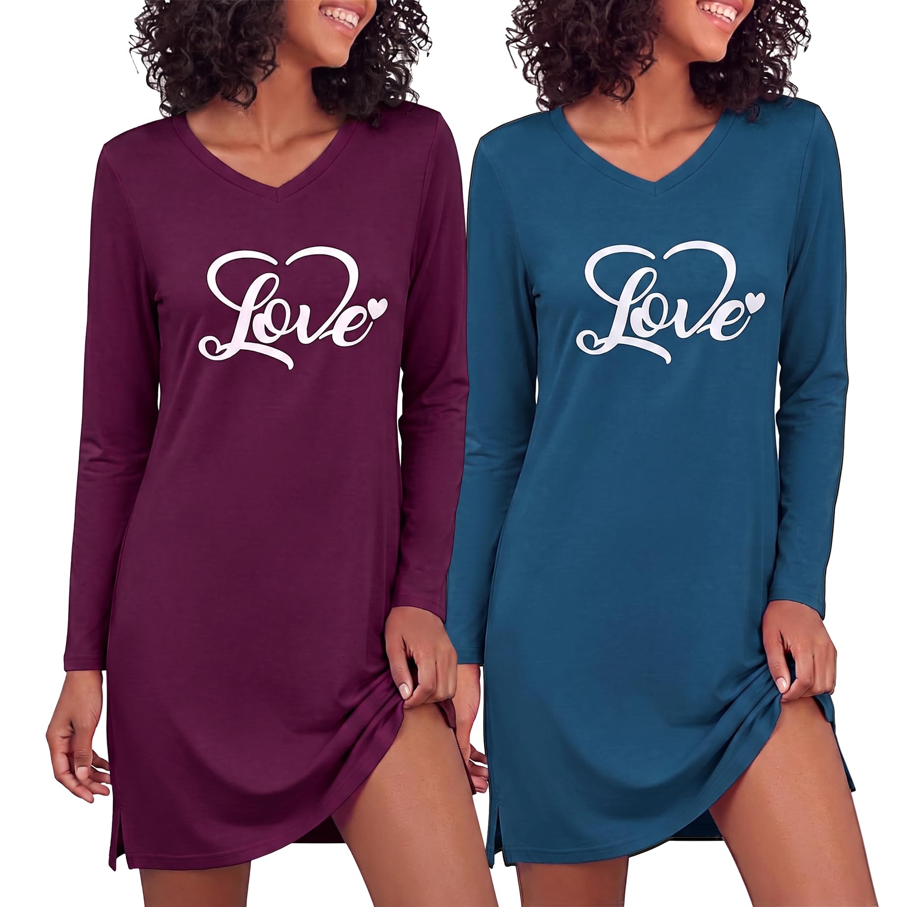Bresdk 2er Pack Nachthemd Damen Langarm Love Schriftzug Schlafshirt S-3XL | Schlafshirt damen, Loungewear kleidung, lässiges kleid, v-ausschnitt, herzgrafik, lockere passform, bequeme nachtwäsche