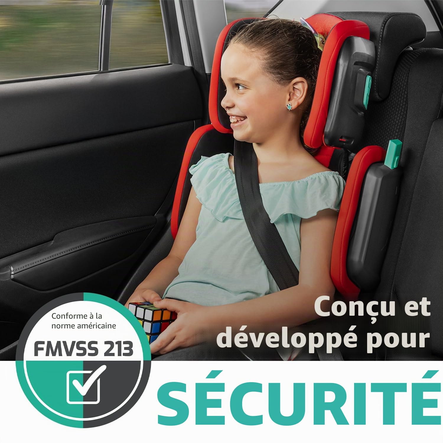 Mifold Siège auto rehausseur à dossier haut pour enfants avec sangle – Siège auto pliable réglable pour grand enfant pour voyage – Rouge course