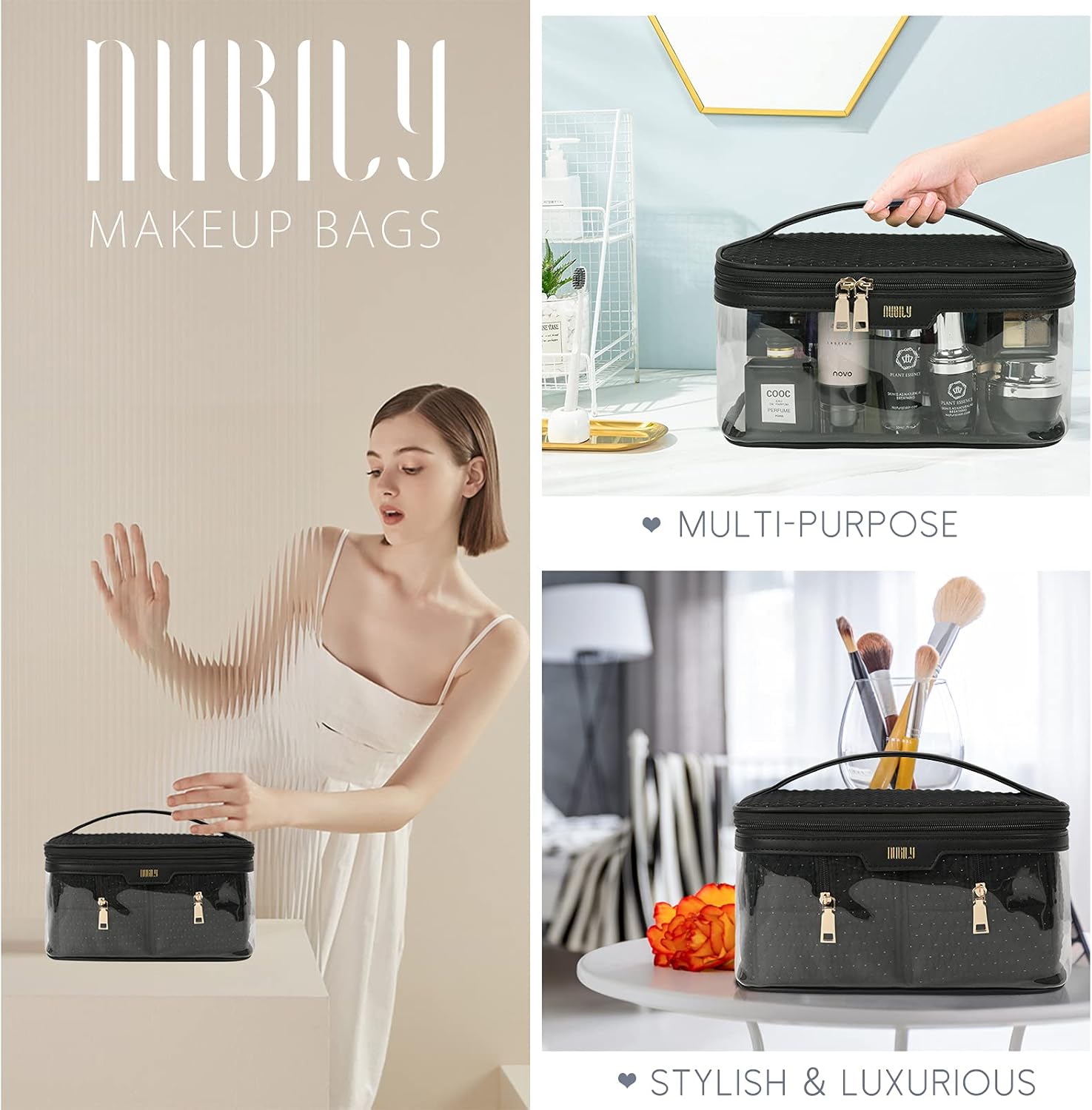 Makeup Bag 3Pcs Cosmetic Bag for Women and Girls Clear Travel Toiletry Bag Makeup Organizer Bag with Handle, Black : Beauty & Personal Care