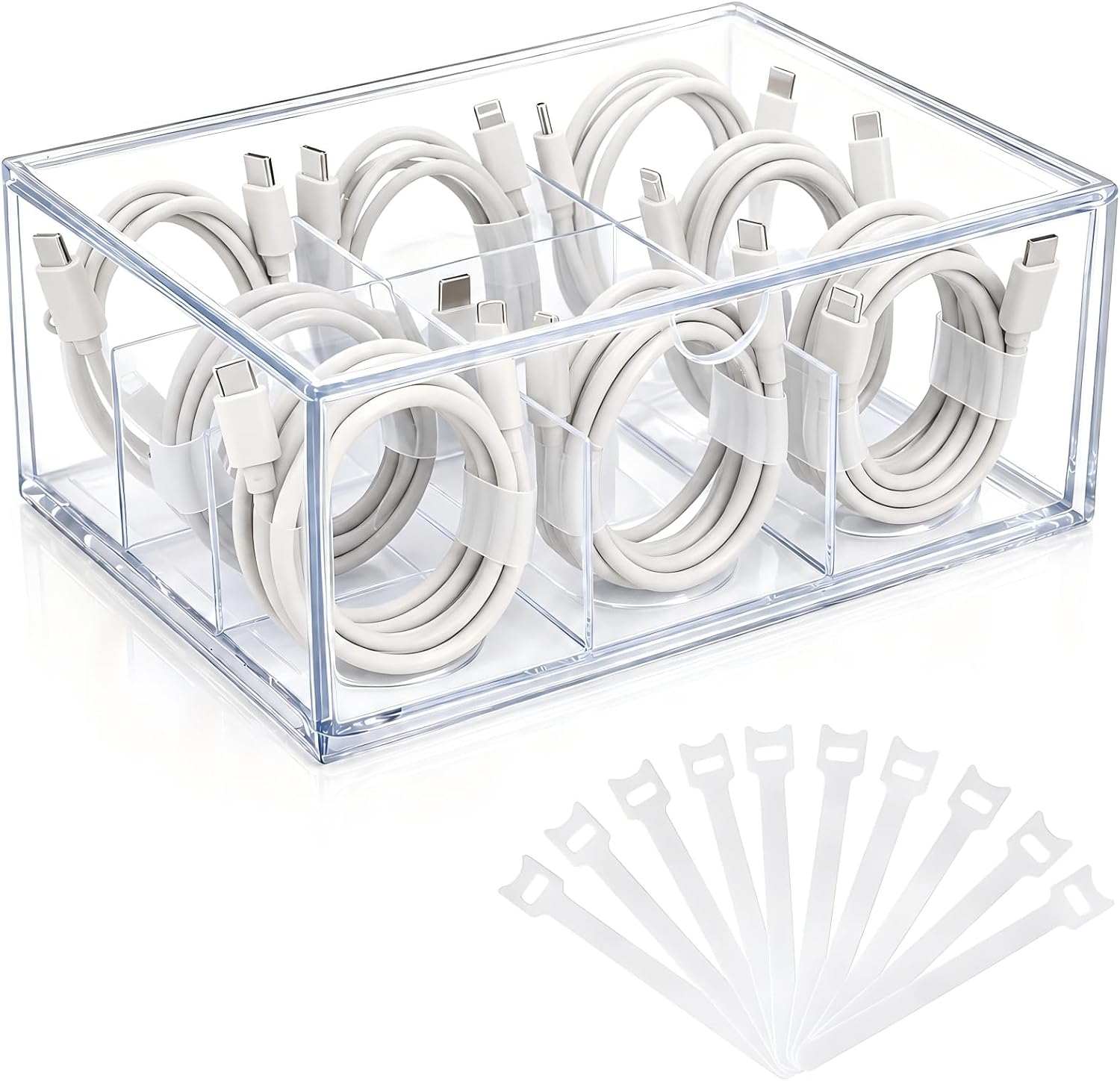 Pull-Out Cable Organizer Box, 9 Compartments with 10 Cable Ties