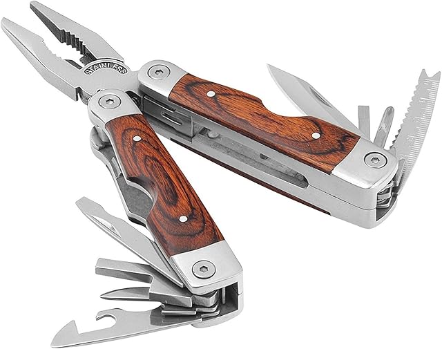 Rosewood Multitool UK Legal Blade, Tough Belt Pouch, Needle & General Pliers, Wirecutter, Screwdrivers - Phillips & Flathead, 10 Piece Bit Set, File, 2 Inch Rule, Can Opener, Bottle Opener etc.