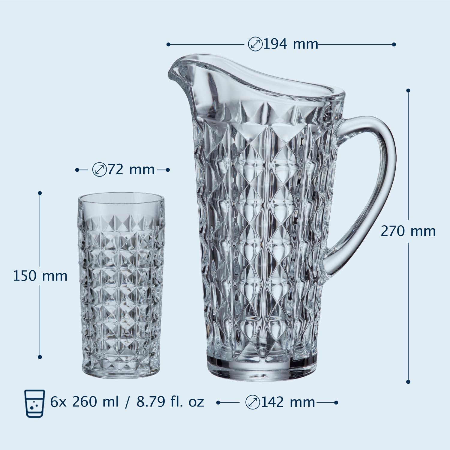 Crystal BOHEMIA Gläser-Set mit Wasserkaraffe – 1 L Glaskrug & 6 Trinkgläser je 260 ml, spülmaschinenfest, kratzfest & elegant – Kristallglas Set für Wasser, Longdrinks & Softdrinks