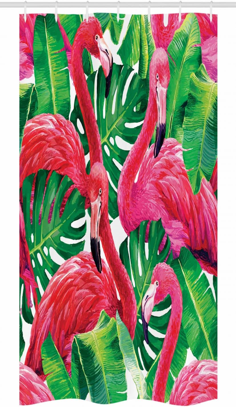 Ambesonne Flamingo Stall Shower Curtain, Flamingos Sitting on Macro Tropic Exotic Leaves Graphic in Retro Style Art, Fabric Bathroom Decor Set with Hooks, 36" W x 72" L, Pink Green