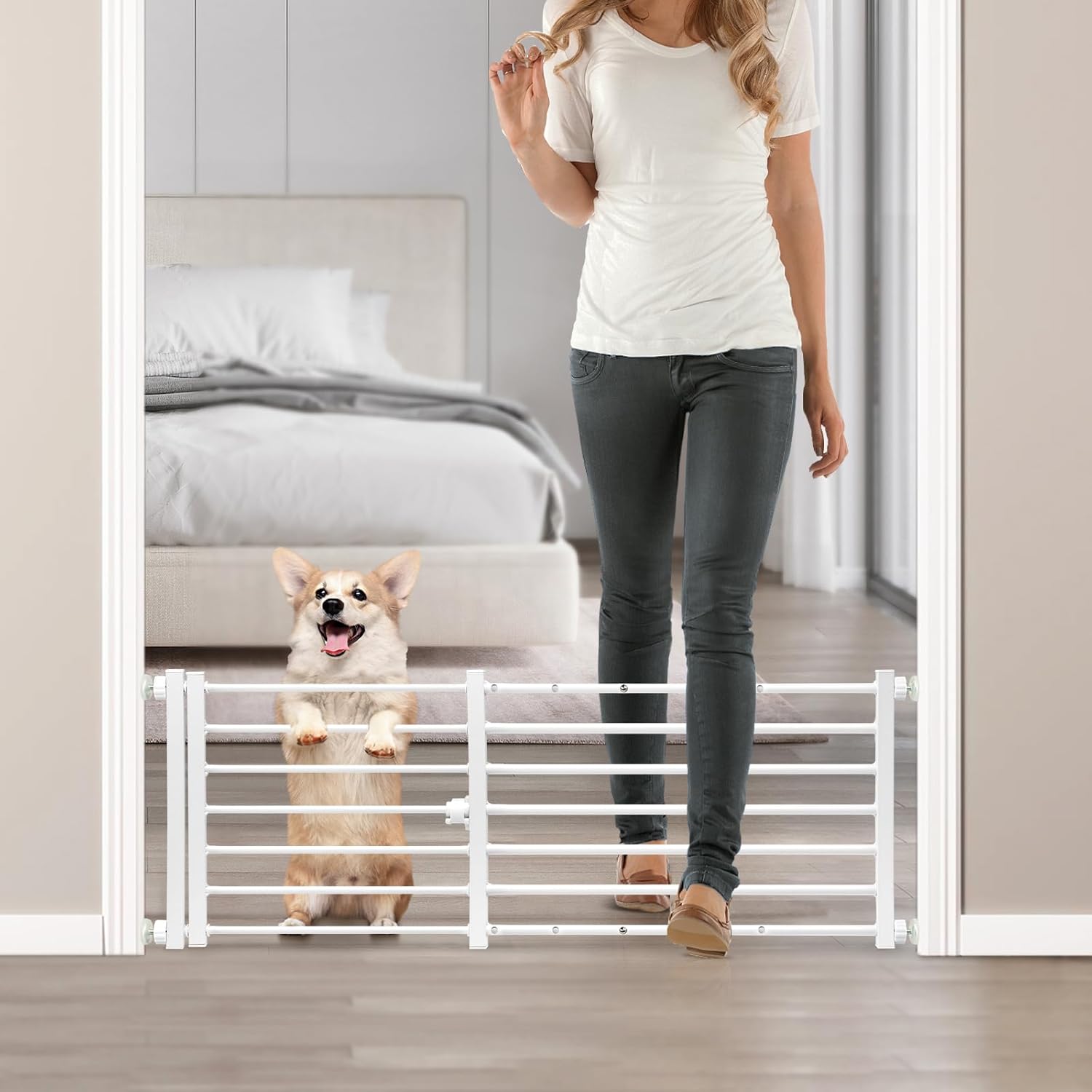 Malier Indoor Dog Gate with Door, 26-41" Extra Wide Full Metal Pet Gate Short Dog Gate for Stairs, Pressure Mount 14'' Tall Small Puppy Low Gate Easy Step Over for Doorways White 14''H × 26''- 41''W