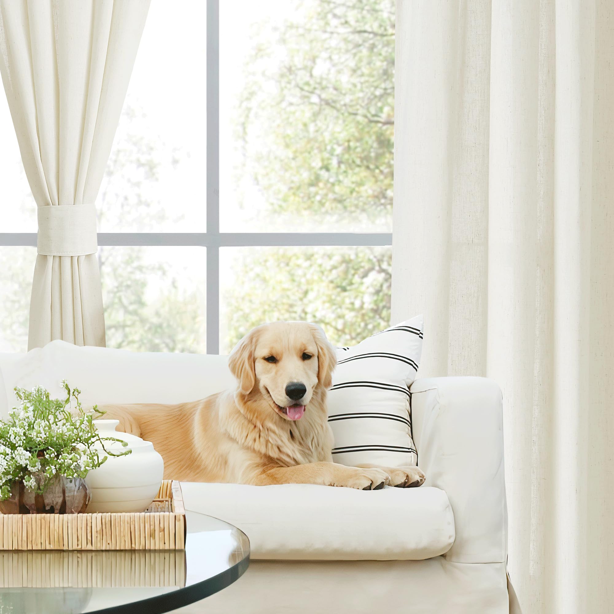 NICETOWN 2 Panel Grommet 55 "x 96" Linen Curtains with 4 15 "x 4" Inch Linen Magnetic Curtains Tiebacks, Off White