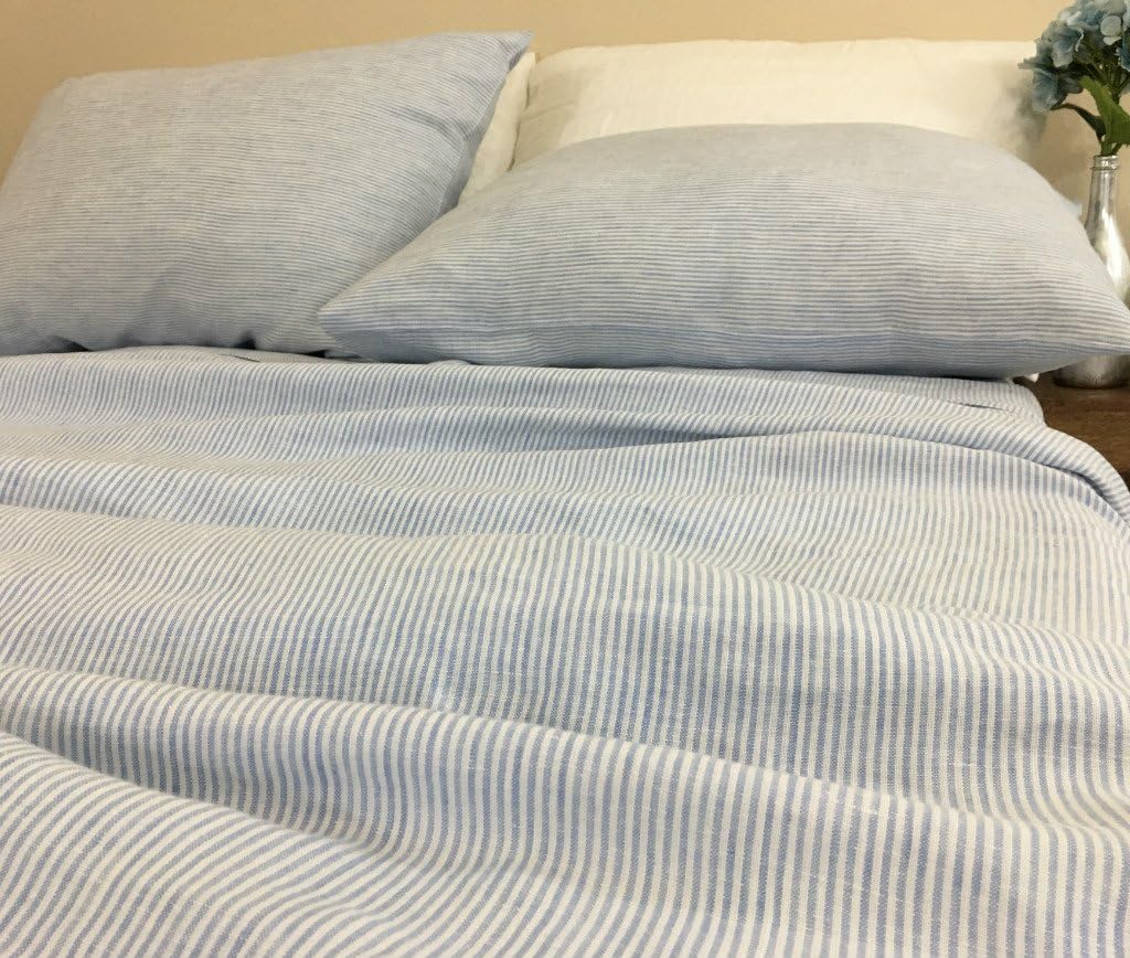 Blue and White Ticking Striped Bed Sheets Set, crafted from butter soft prewashed linens!