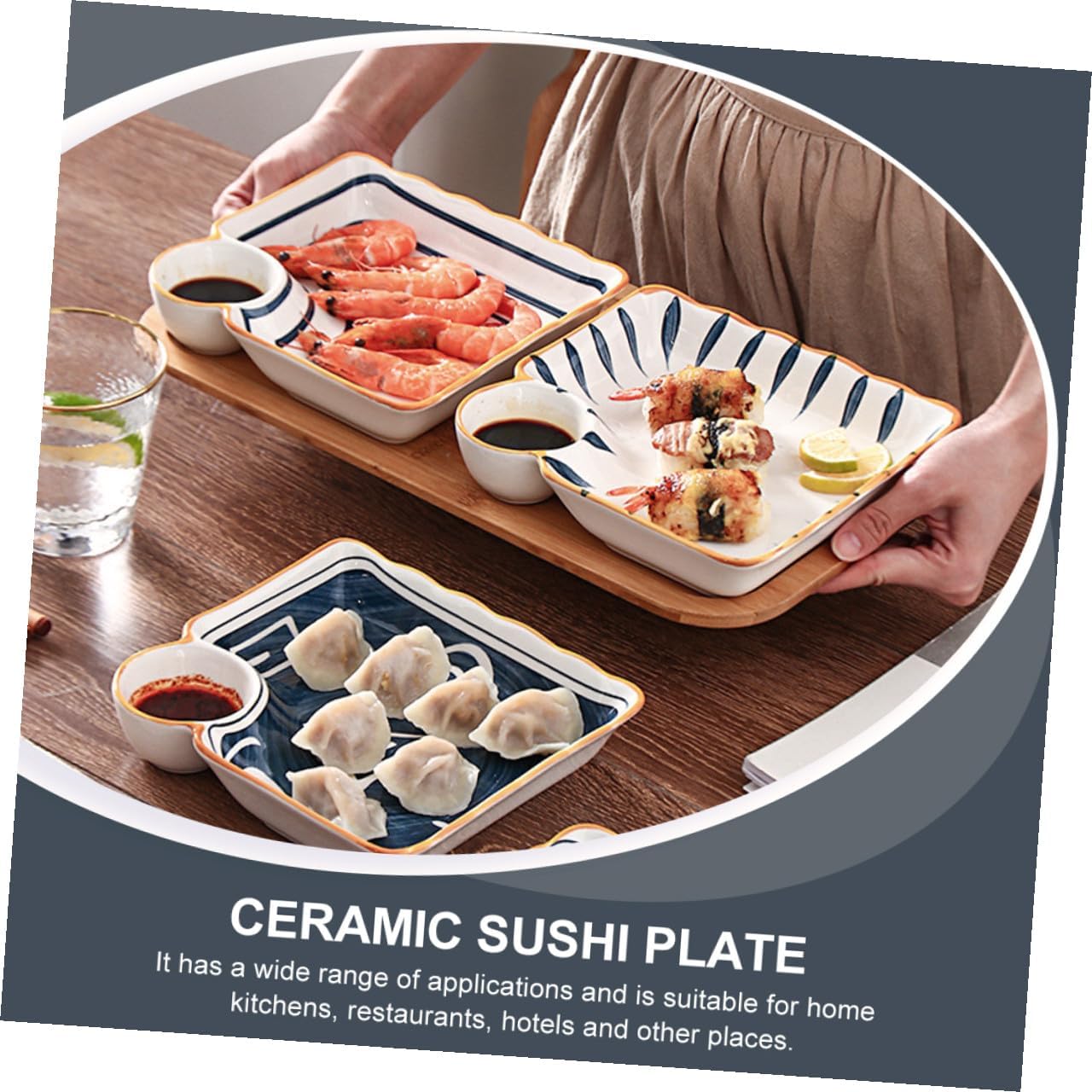 Ceramic Sushi Plates and Dumpling Tray Set 4pcs Square Multi-grid Serving Plates with Dipping Bowls for Japanese Cuisine and Snack Presentation Random Color