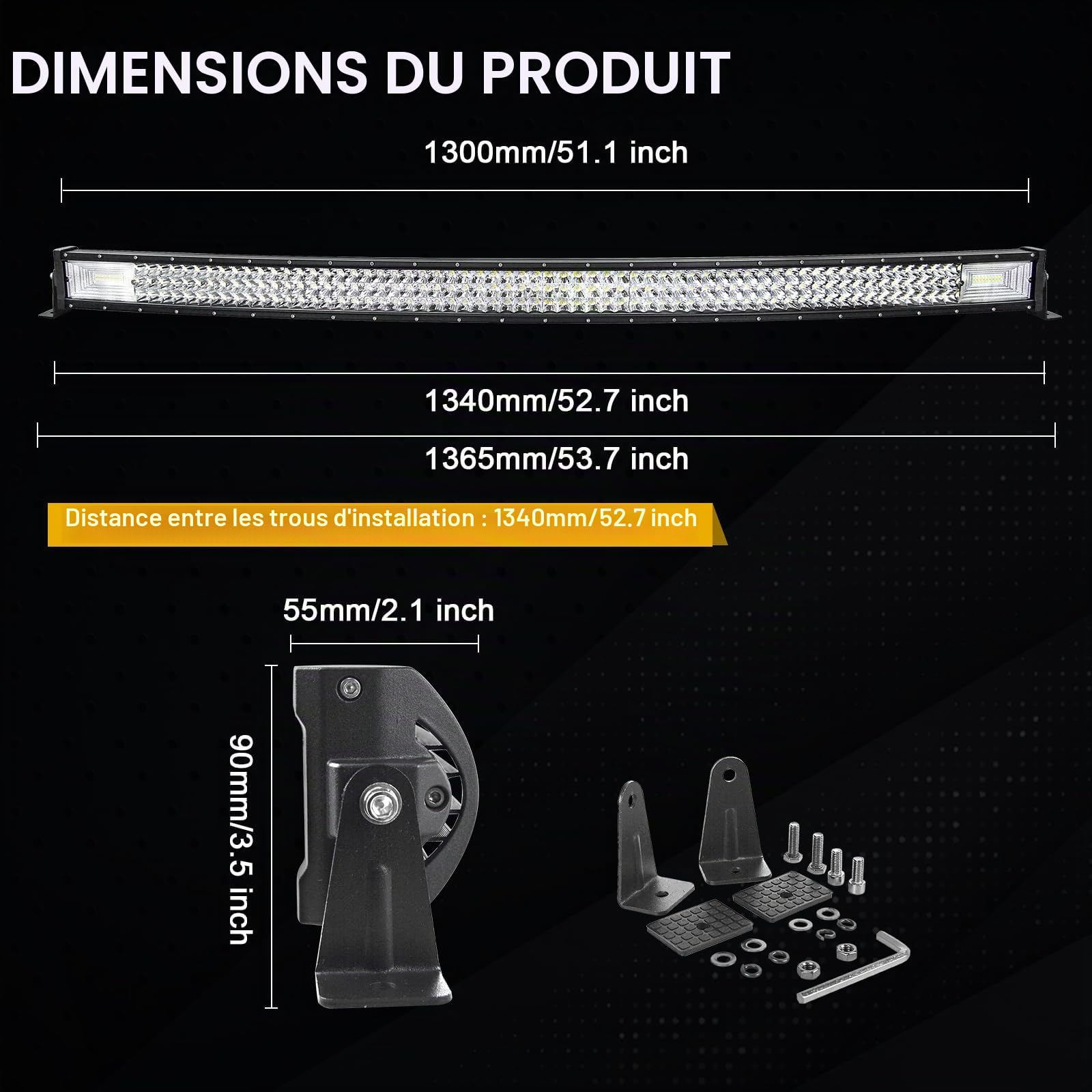 AUXTINGS 132,1 cm 675W Triple rangée 7d Barre lumineuse LED de travail spot inondation Combo Faisceau DC 12V-24V 6000K Offroad Véhicules 4x4 ATV Utvs