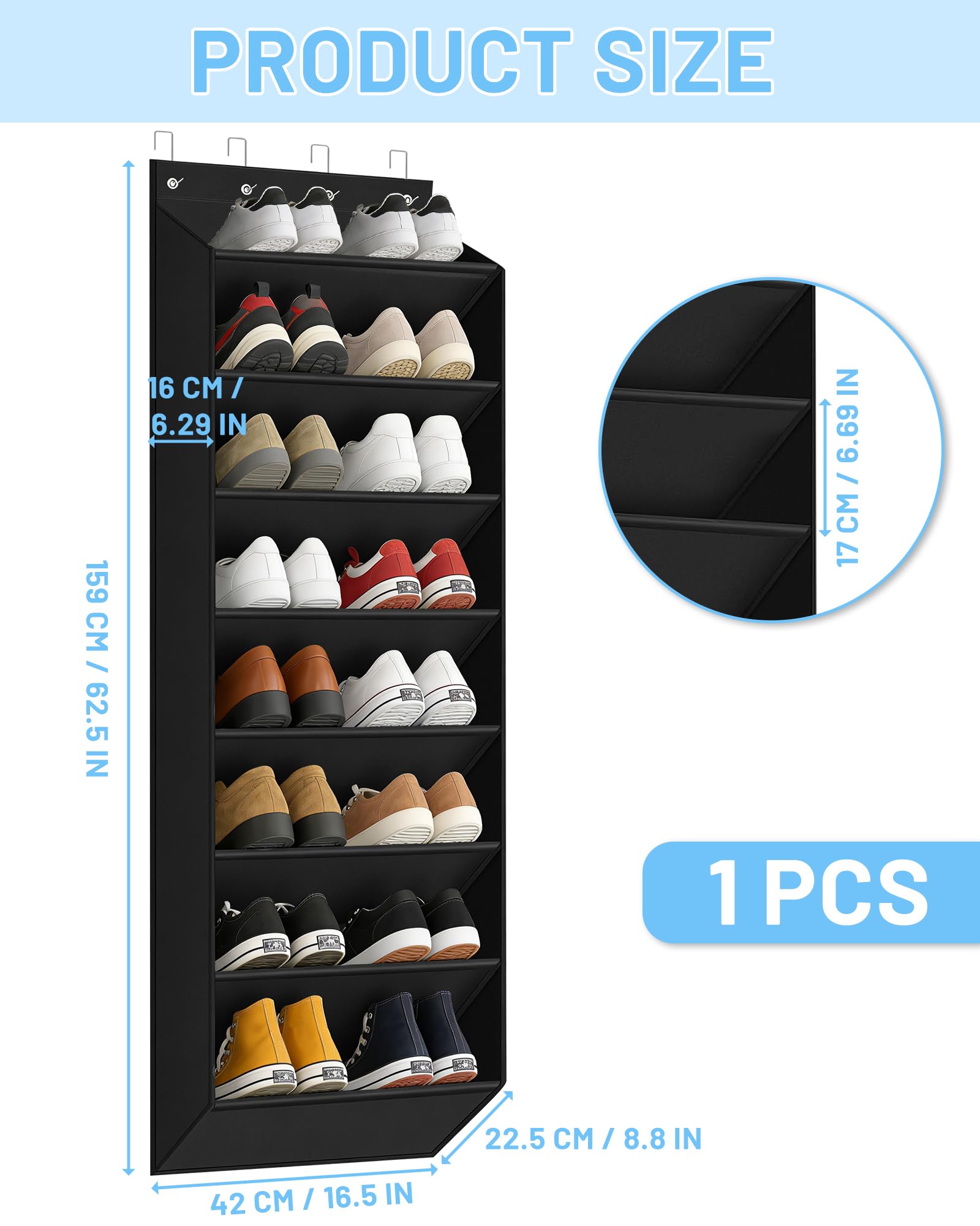 Scarpiera da Appendere Alla Porta - Organizer per Scarpe Appeso con 8 Grandi Tasche - Scarpiera Appesa Adatto a 16-24 Paia di Scarpe (Nero)
