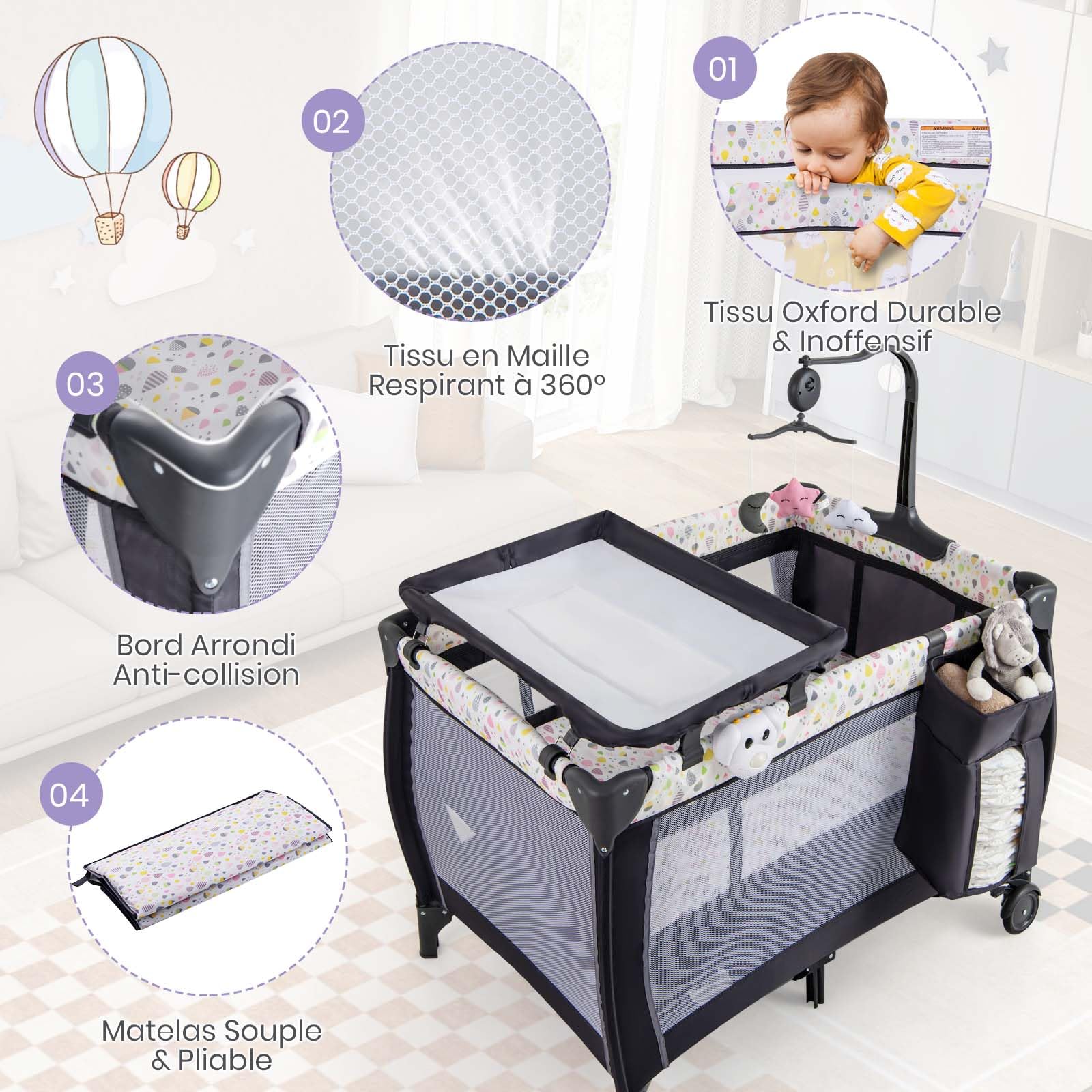 DREAMADE 3 en 1 Lit Parapluie Bébé 125x65x76CM avec Matelas Lit de Voyage Tout-Petites 0-3 Ans avec Porte-Couche&Roue Verrouillable&Table à Langer&Boîte à Musique,Charge 15KG (Gris+Goutte d'eau)
