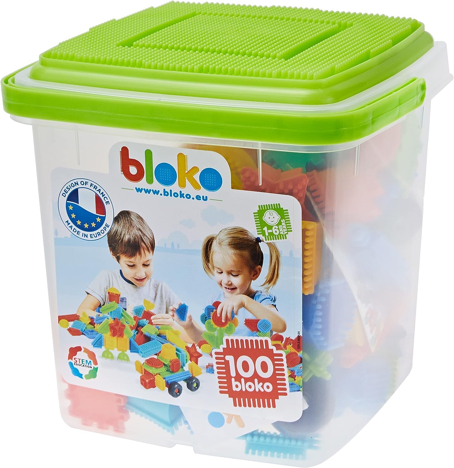 BLOKO - Barile da 100 BLOKO con 1 Piatto da Gioco (Verde) - A Partire da 12 Mesi - Made in Europe - Giocattoli da Costruzione Prima età - 503553